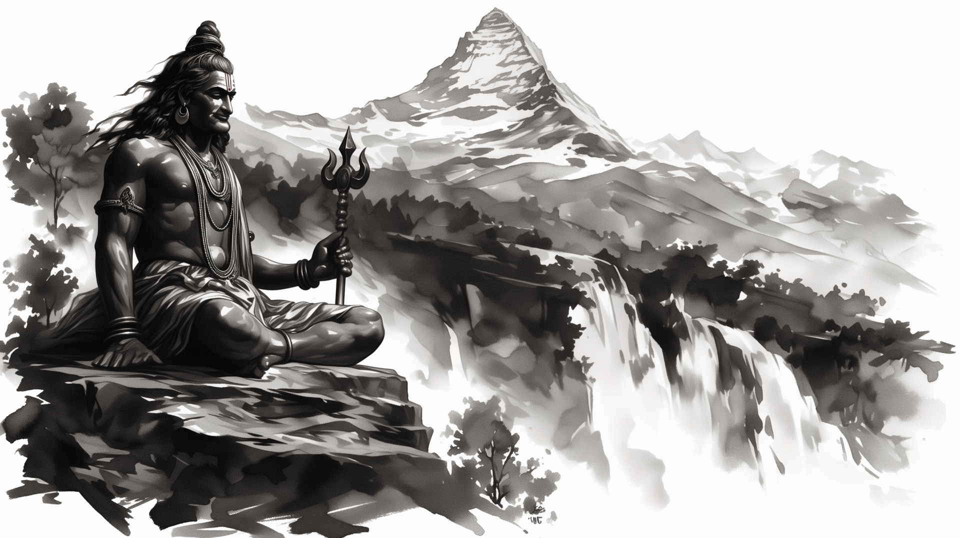 HD wallpaper featuring Lord Shiva, also known as Mahadev, meditating on a rocky ledge with a majestic mountain and waterfall in the background. The monochromatic tones provide a serene, spiritual ambiance.