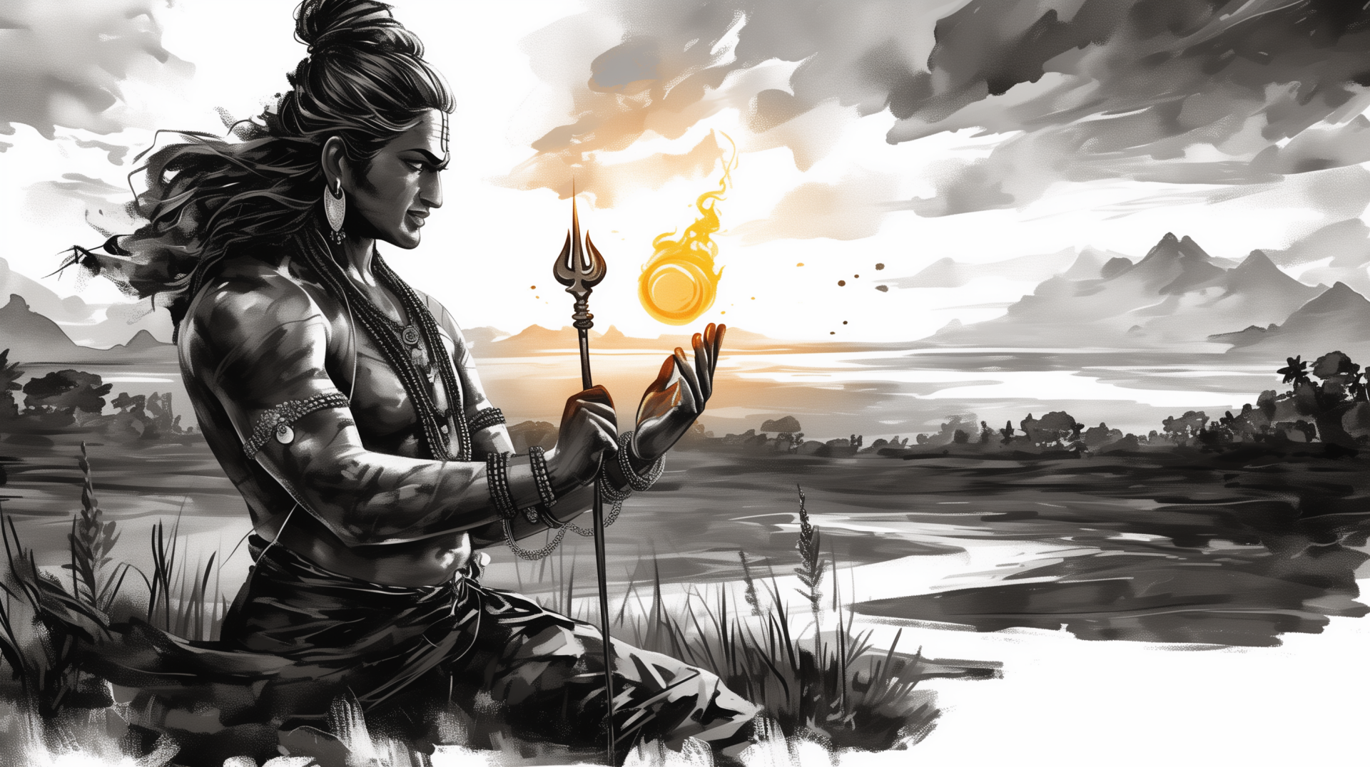 A high-definition desktop wallpaper featuring Shiva, also known as Mahadev, holding a divine object with fire, against a serene natural backdrop. The image emphasizes a spiritual and religious ambiance.