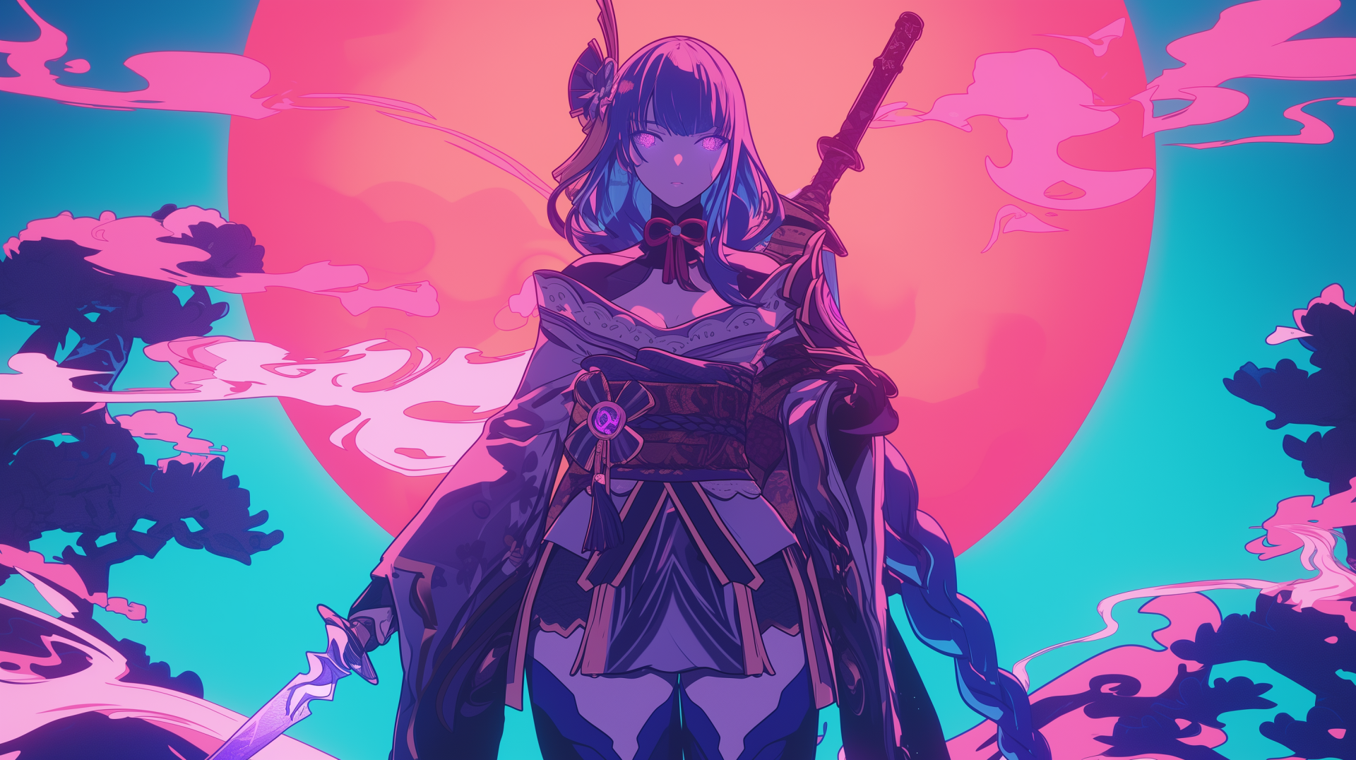 HD desktop wallpaper featuring Baal Raiden Shogun from Genshin Impact, standing with a sword against a colorful sunset background with a large red sun and cloud-like patterns.