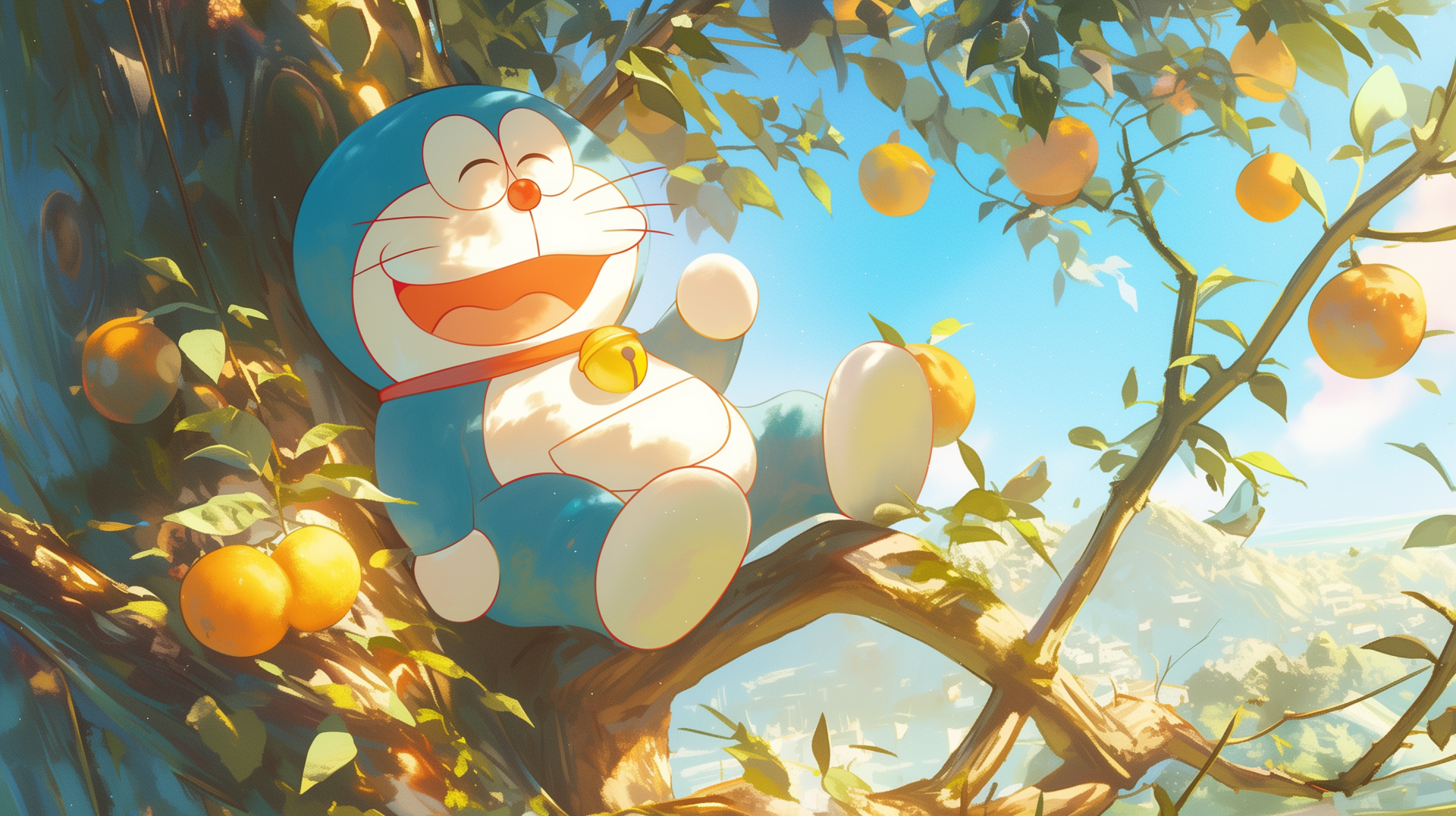 HD wallpaper featuring Doraemon, the beloved anime character, relaxing and laughing on a tree branch surrounded by lush leaves and ripe oranges under a bright blue sky.