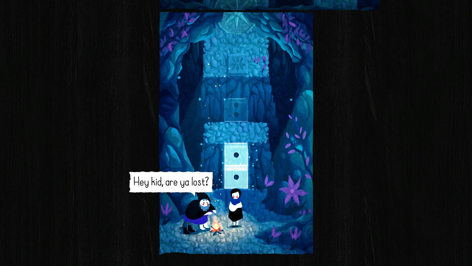 HD desktop wallpaper from the video game Paper Trail, featuring a scene with two characters conversing in a dark, mystical blue cave with glowing plants. One character asks, Hey kid, are you lost?