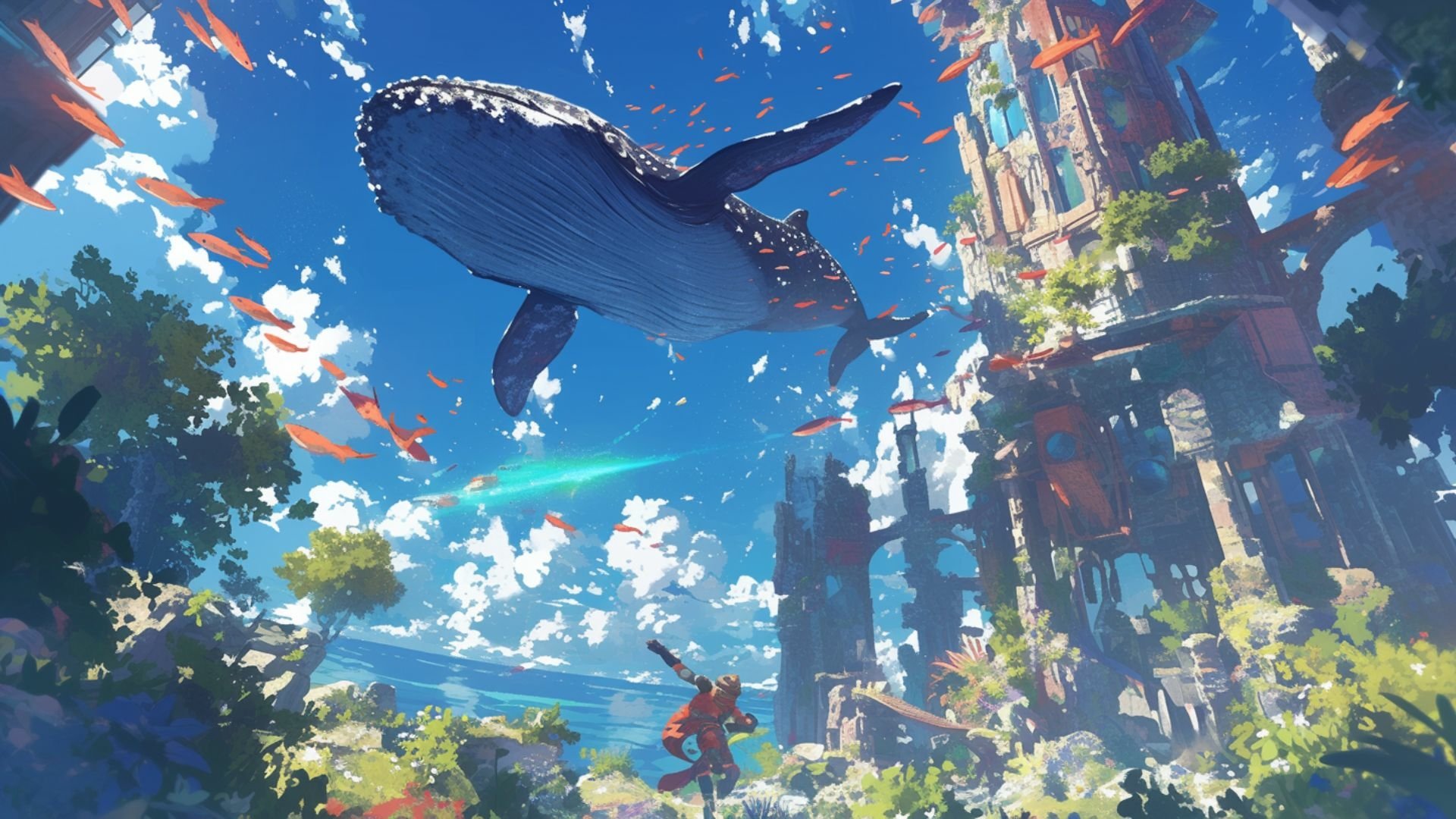 Anime-style HD desktop wallpaper featuring a futuristic sky scene with a giant flying whale soaring above vibrant clouds and a detailed sci-fi cityscape below.