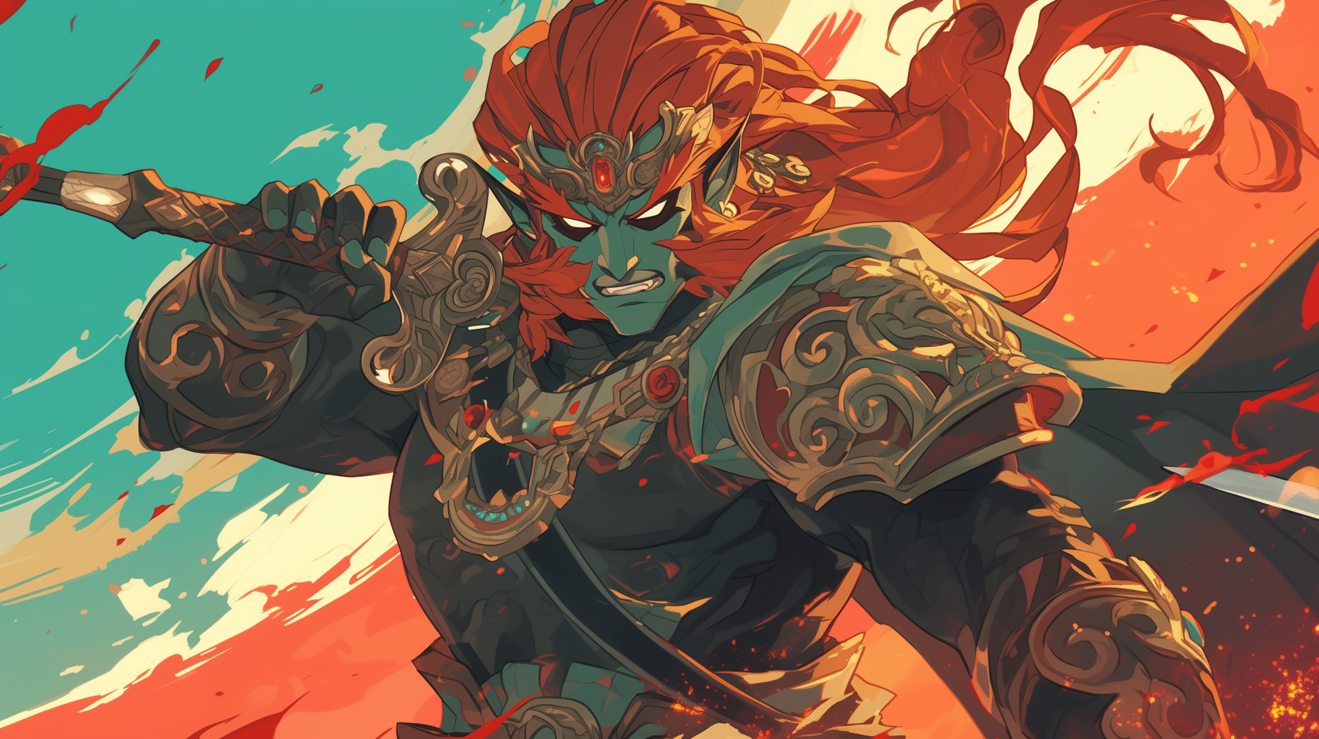 HD desktop wallpaper featuring Ganondorf from The Legend of Zelda: Tears of the Kingdom in a dynamic and colorful pose, showcasing detailed armor and a fiery background.