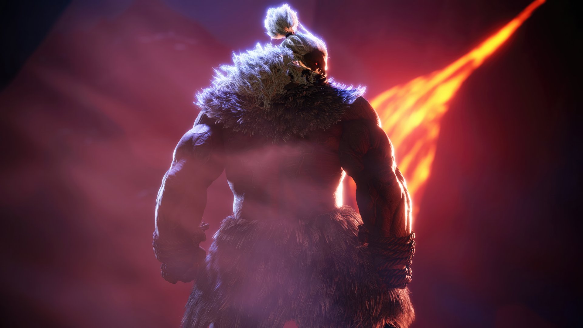 HD desktop wallpaper featuring Akuma from Street Fighter, showcasing his muscular back with fiery background lighting.