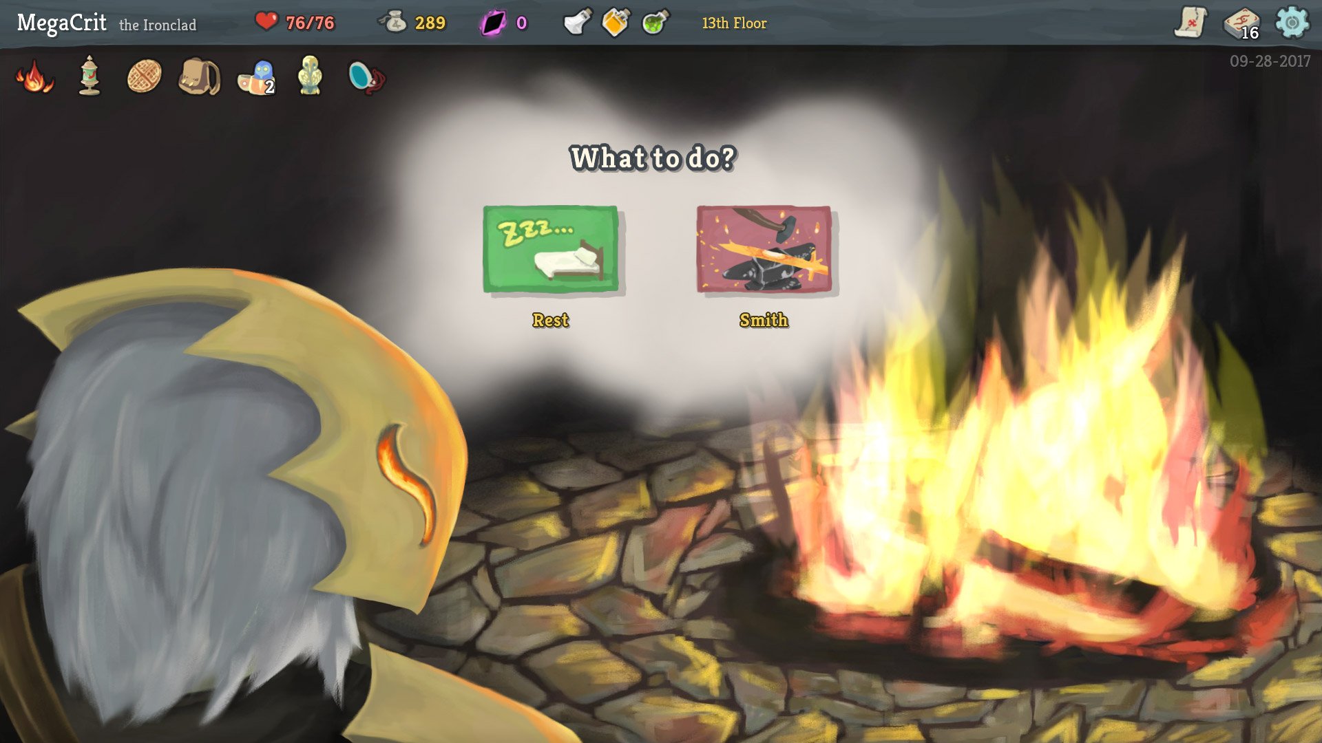 HD desktop wallpaper featuring a scene from the video game Slay the Spire, showing a character sitting by a campfire with options to rest or battle.