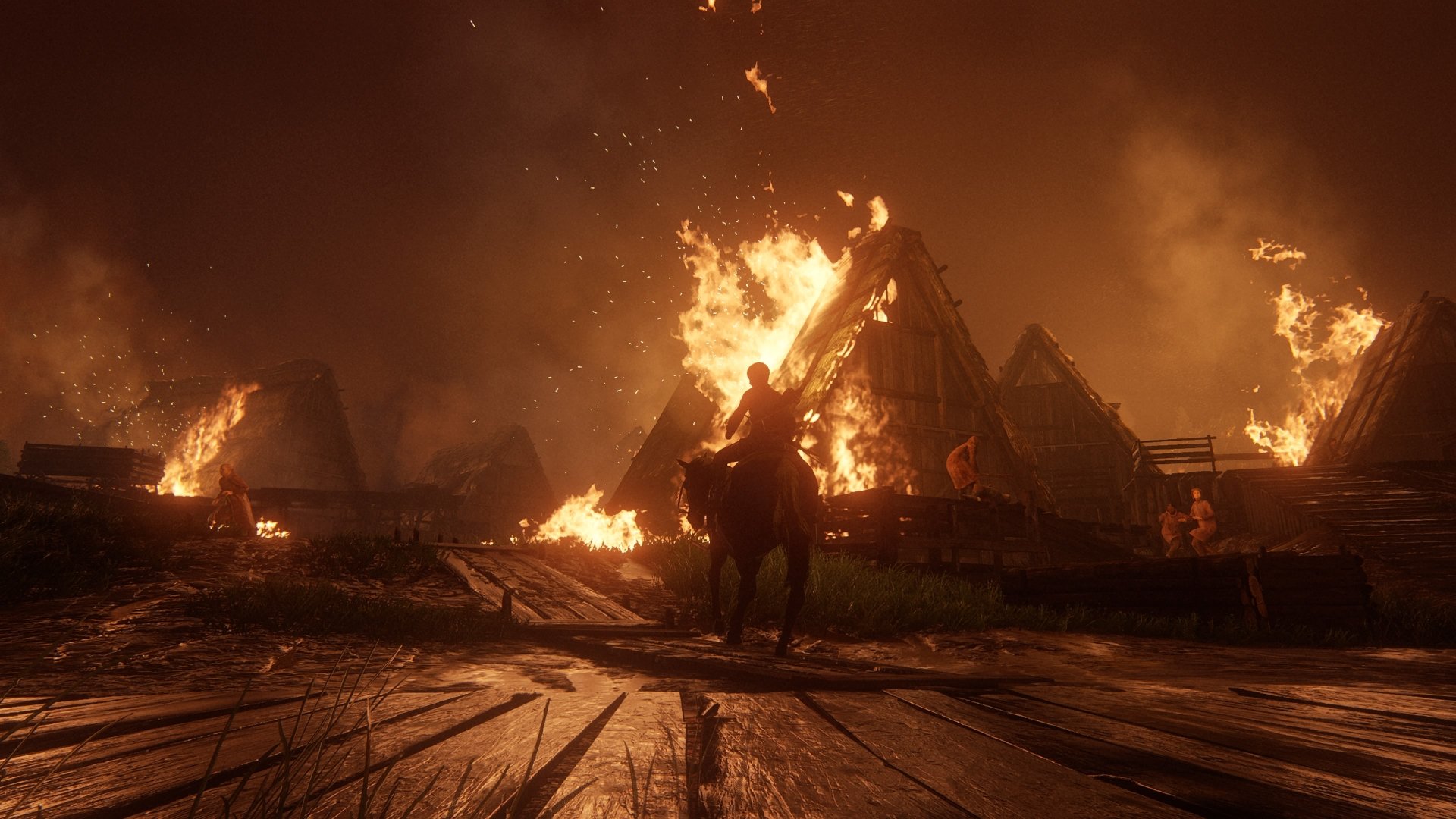 4K Ultra HD wallpaper of Lev from The Last of Us Part II standing on horseback as Seraphite village huts burn intensely at night.