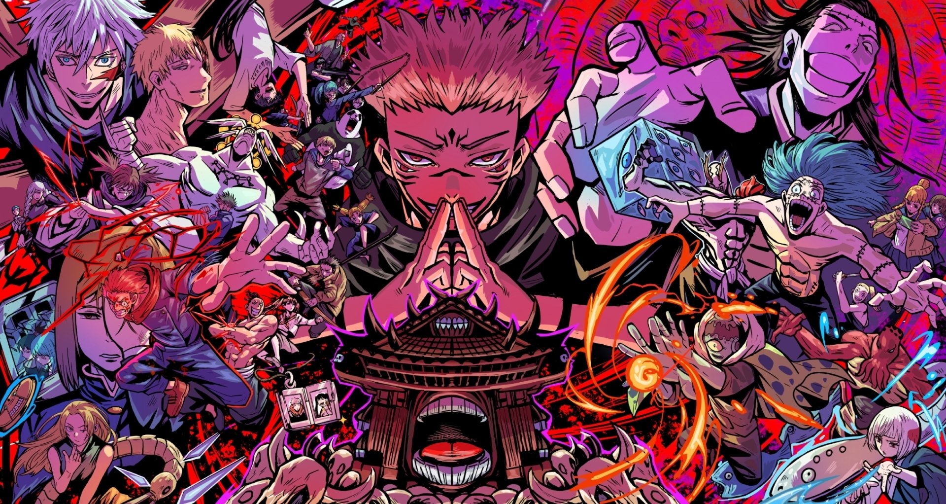 Vibrant HD PC desktop wallpaper showcasing Jujutsu Kaisen characters in dynamic poses against a fiery, intense background filled with energy and action.