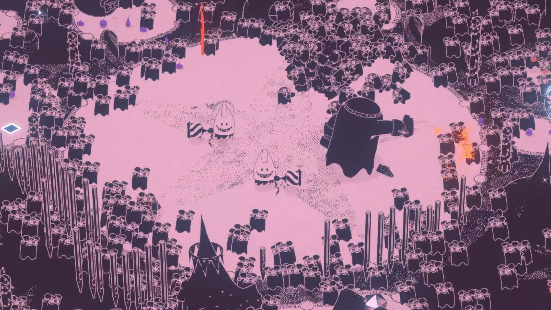 HD desktop wallpaper and background from the video game Hauntii, featuring intricate, dark-themed graphics and ghostly characters in a field surrounded by scattered objects and structures.