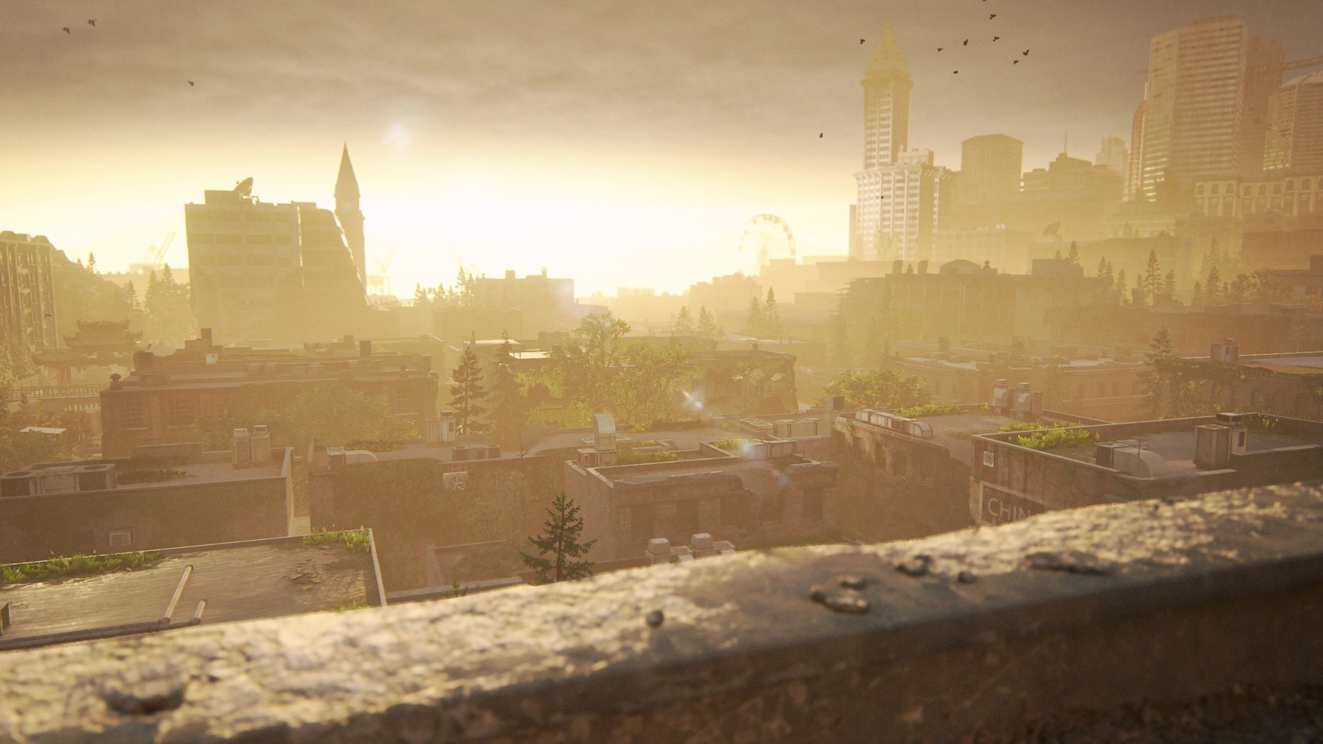 4K Ultra HD PC desktop wallpaper featuring a sunset cityscape from The Last of Us Part II, highlighting Abby Anderson's environment in warm, golden tones.