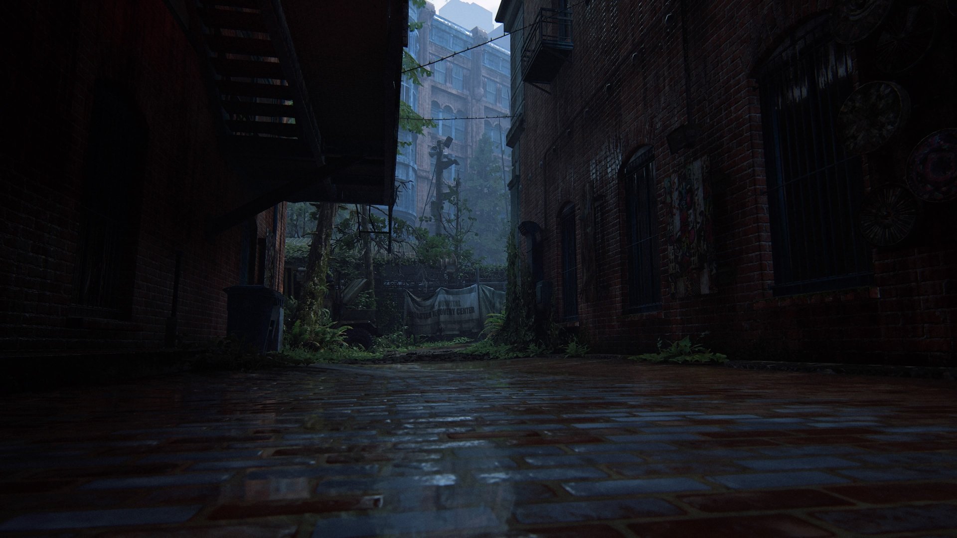 Dark, atmospheric alleyway from The Last of Us Part II in 4K Ultra HD, showcasing detailed textures and moody lighting for PC desktop wallpaper and background.