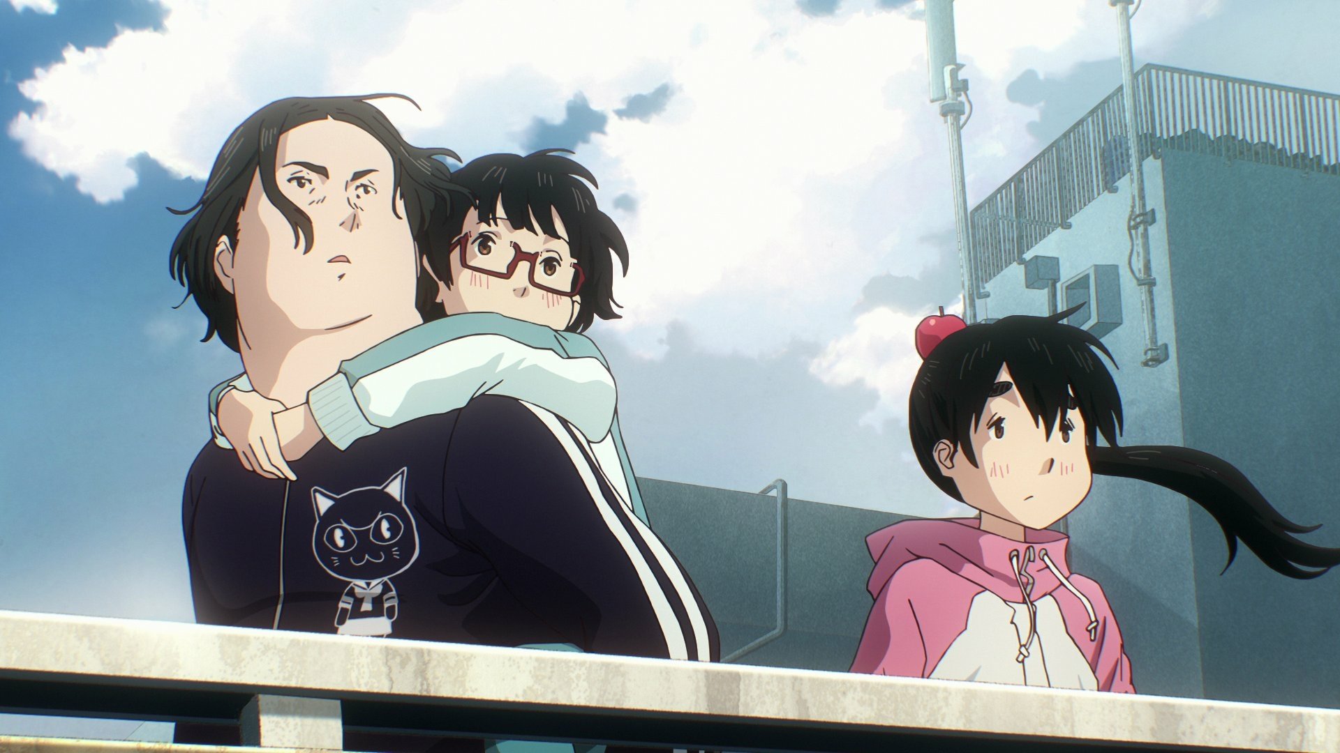 HD wallpaper from the anime Dead Dead Demon's Dededede Destruction, featuring three characters standing on a rooftop with a partly cloudy sky in the background.