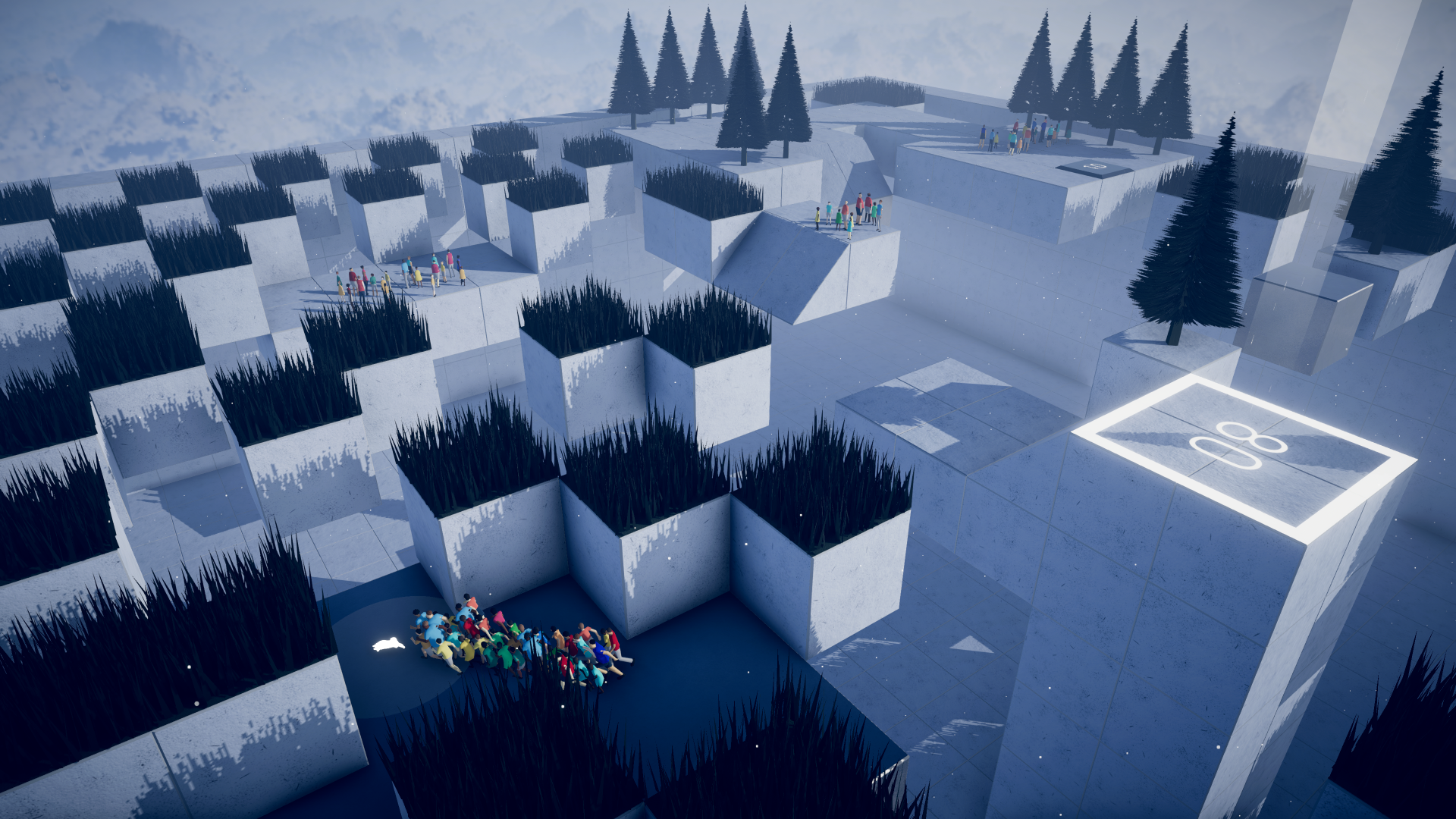 HD desktop wallpaper and background from the video game Humanity (2024), depicting an intricate, snowy maze-like environment with groups of people navigating through it, set against a wintry landscape.