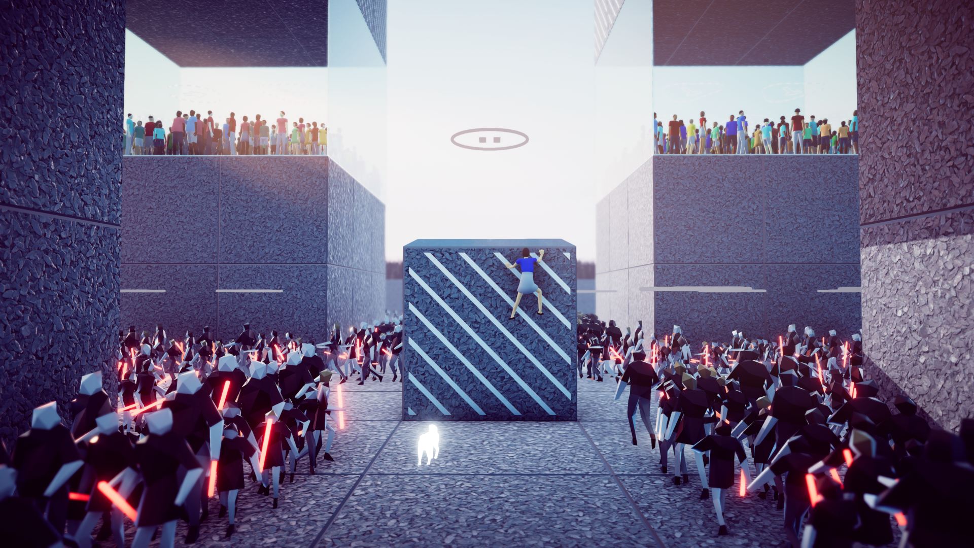 HD desktop wallpaper of the video game Humanity (2024) showing a person climbing a large block, while onlookers and figures with lightsabers gather in a futuristic setting.