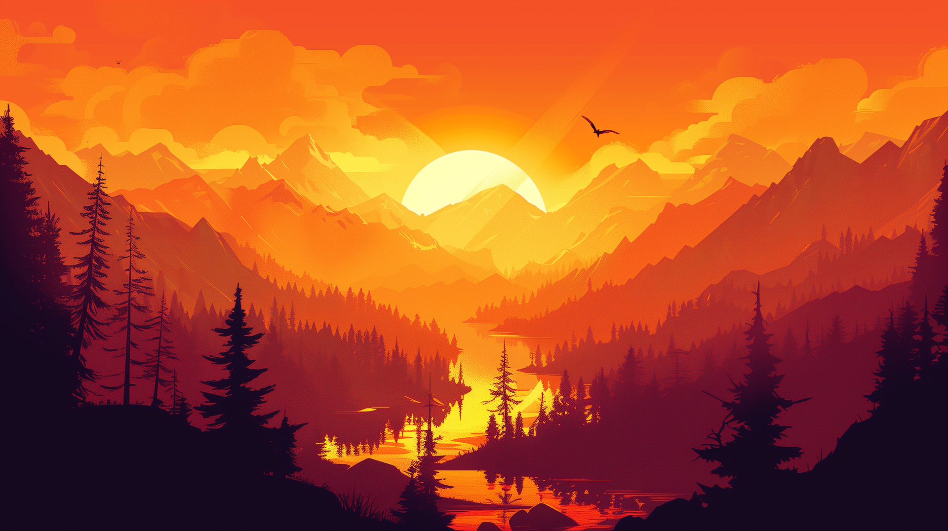 HD desktop wallpaper featuring a minimalist scene from the Firewatch videogame, depicting a serene forest with mountains in the background, a sunset, and vibrant orange hues.