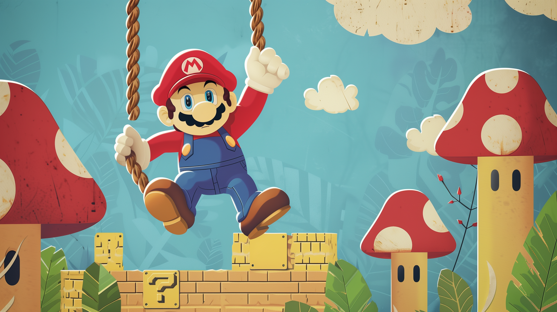 HD desktop wallpaper and background featuring Mario from Super Mario Bros., joyfully swinging on ropes above iconic brick blocks and large red and white mushrooms in a vibrant, whimsical game setting.