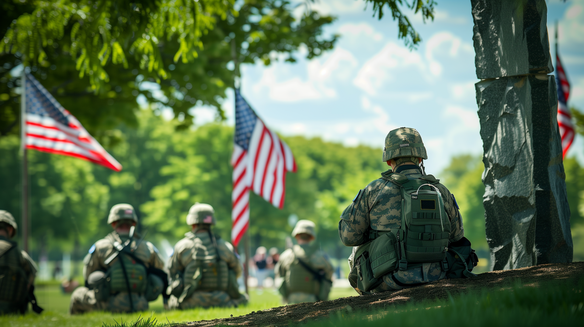 A soldier sits in front of fellow service members, surrounded by American flags, during a Memorial Day remembrance in the USA. This HD wallpaper captures a poignant holiday tribute.