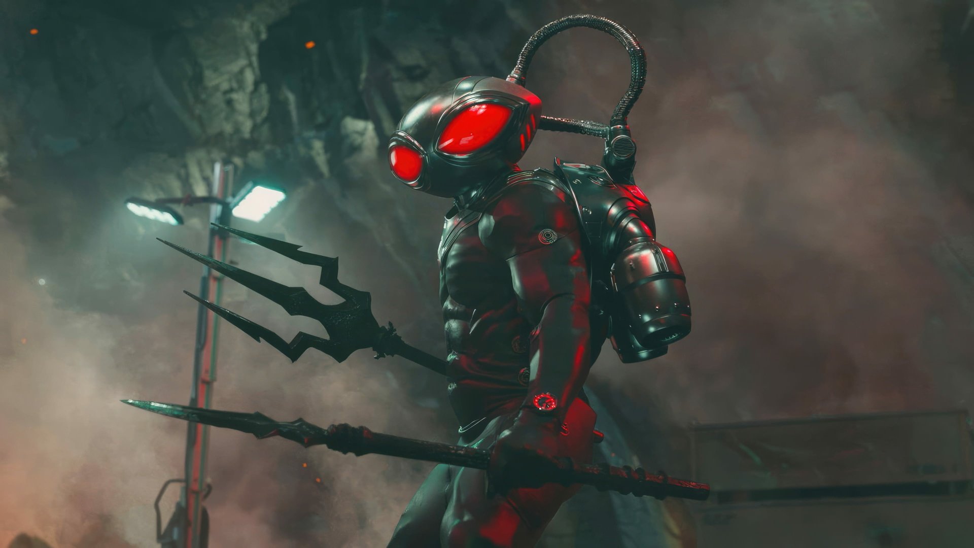 Black Manta from Aquaman and The Lost Kingdom movie - 4K Ultra HD PC desktop wallpaper: armored figure with glowing red eyes wielding a trident in a smoky cavern.