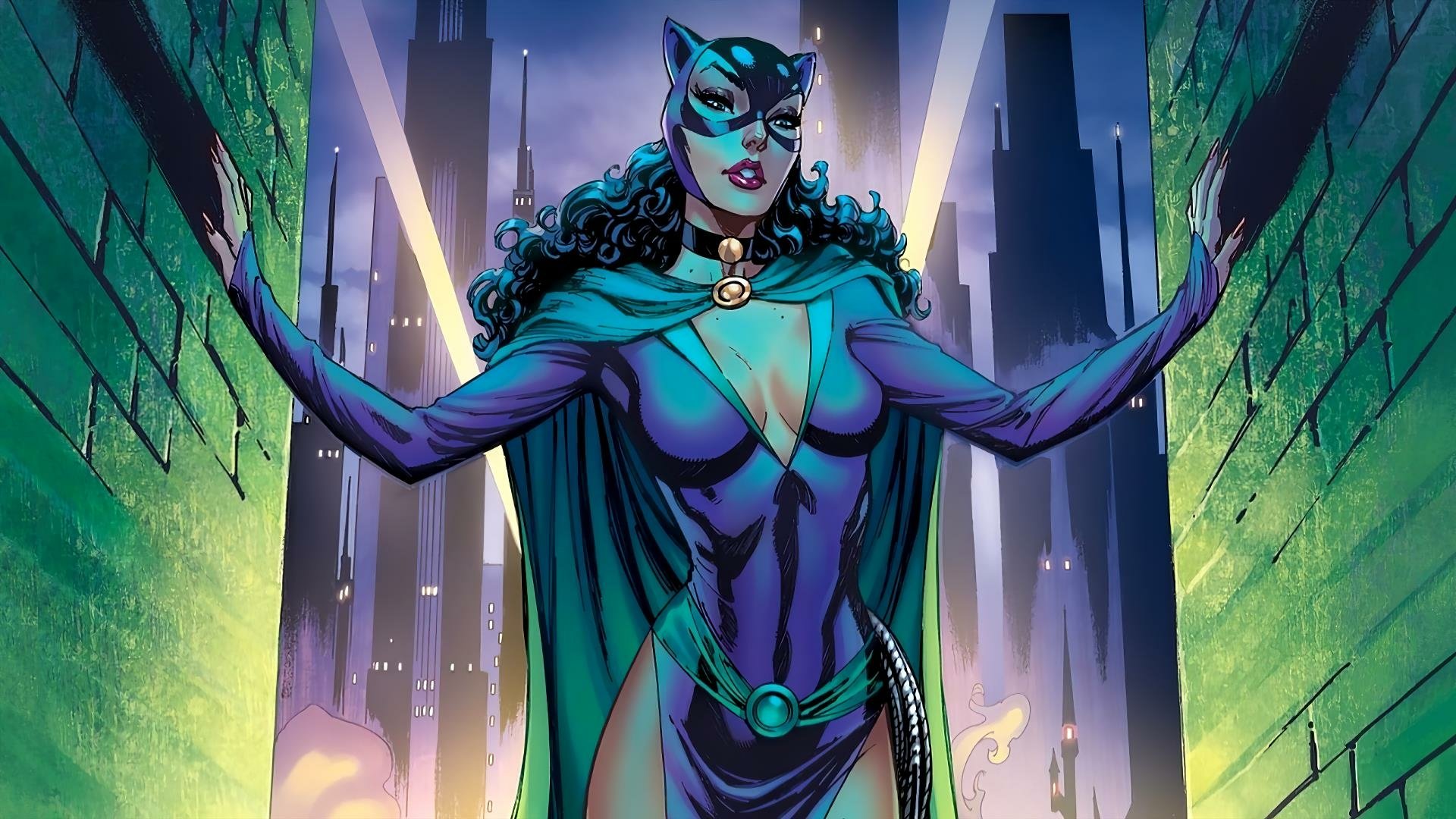 HD PC desktop wallpaper featuring Catwoman in a sleek costume, illustrated by Scott Campbell, set against a vibrant cityscape background at night.