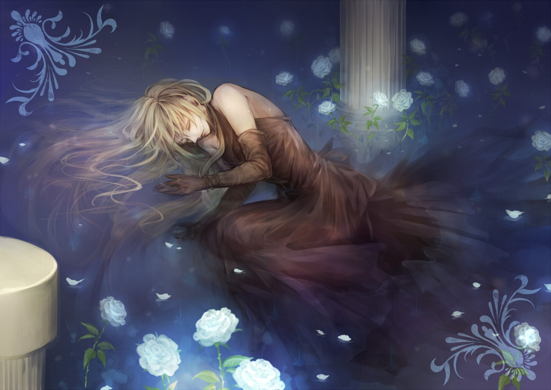 A serene fantasy scene featuring a woman in a flowing dress, surrounded by ethereal roses and soft blue hues, creating a captivating HD desktop wallpaper.