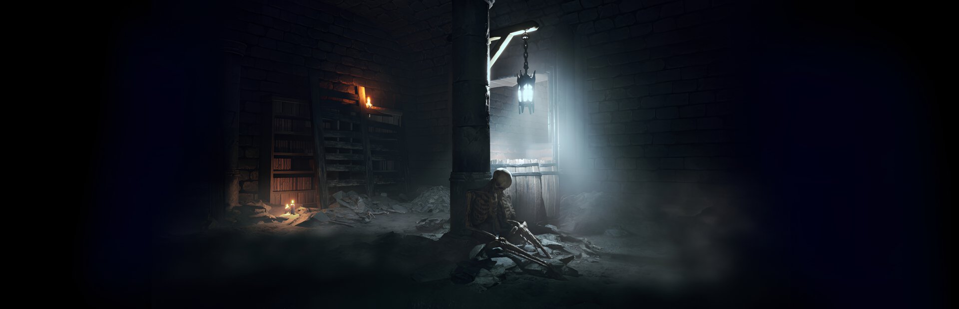 HD desktop wallpaper of Dungeon Stalkers video game, featuring a dimly lit dungeon scene with a skeleton slumped against a pillar, surrounded by mystic fog and shelves of ancient books.