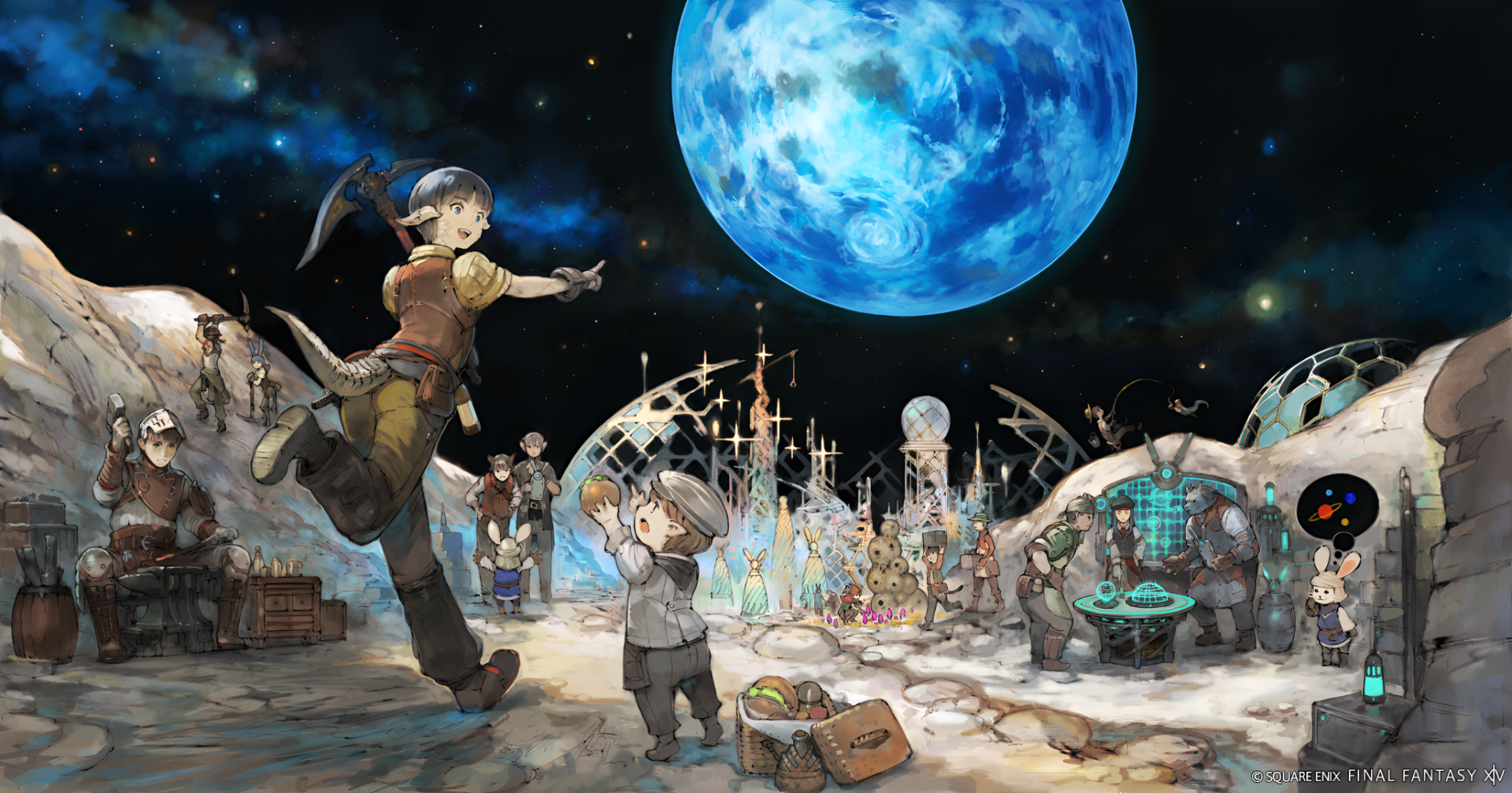 HD wallpaper from Final Fantasy XIV: Dawntrail, showcasing a vibrant, bustling scene under a large blue moon with various characters engaged in different activities.