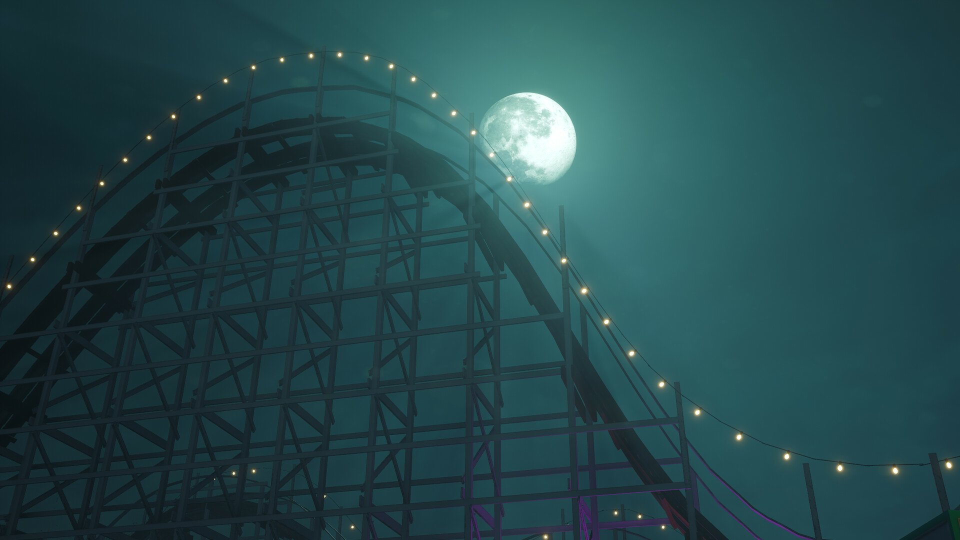 HD desktop wallpaper featuring a night scene from Killer Klowns from Outer Space: The Game. The image showcases a moonlit roller coaster with light bulbs decorating its structure.