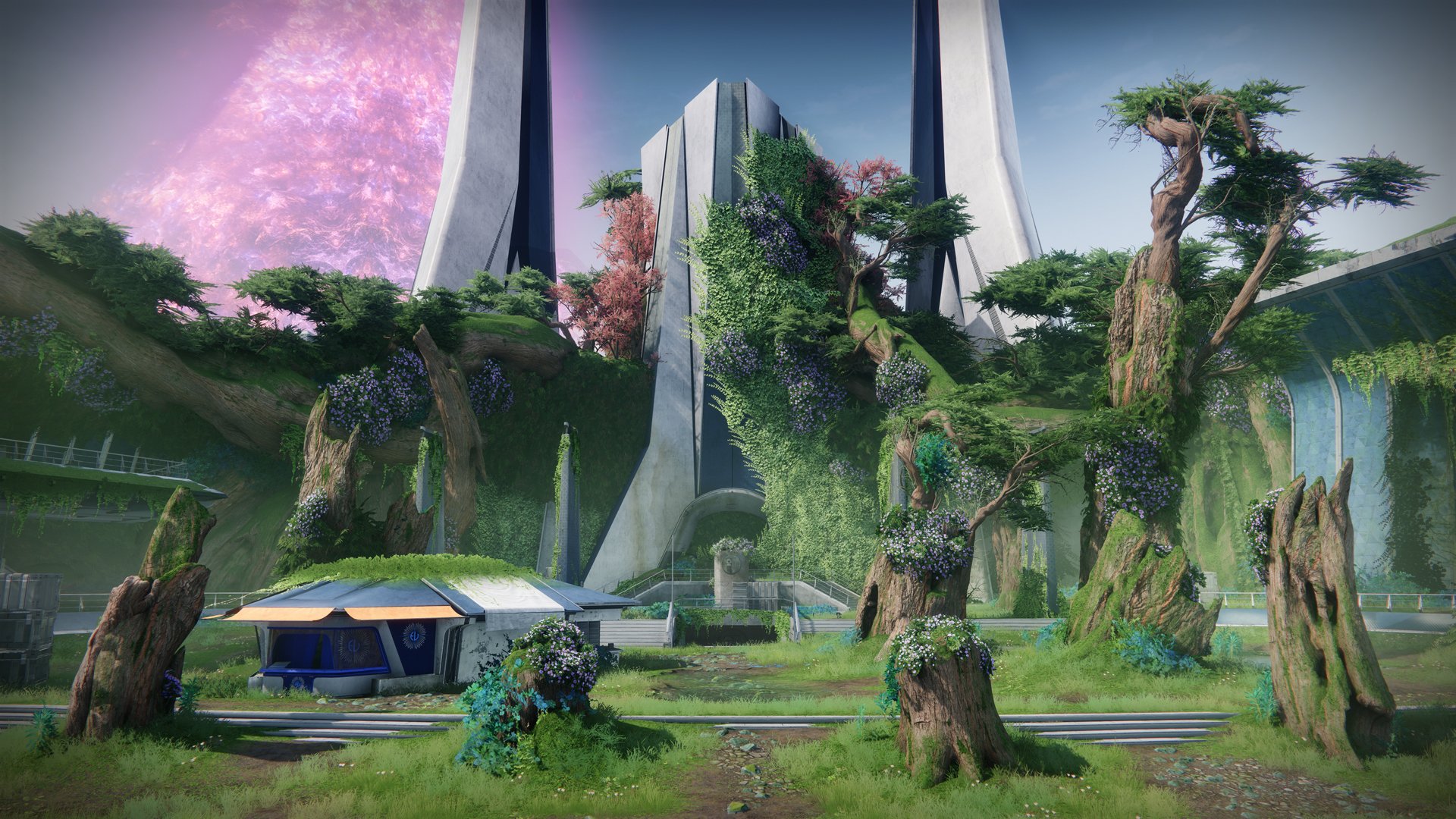 HD desktop wallpaper background from Destiny 2: The Final Shape, showcasing a lush utopian landscape with futuristic structures and greenery.