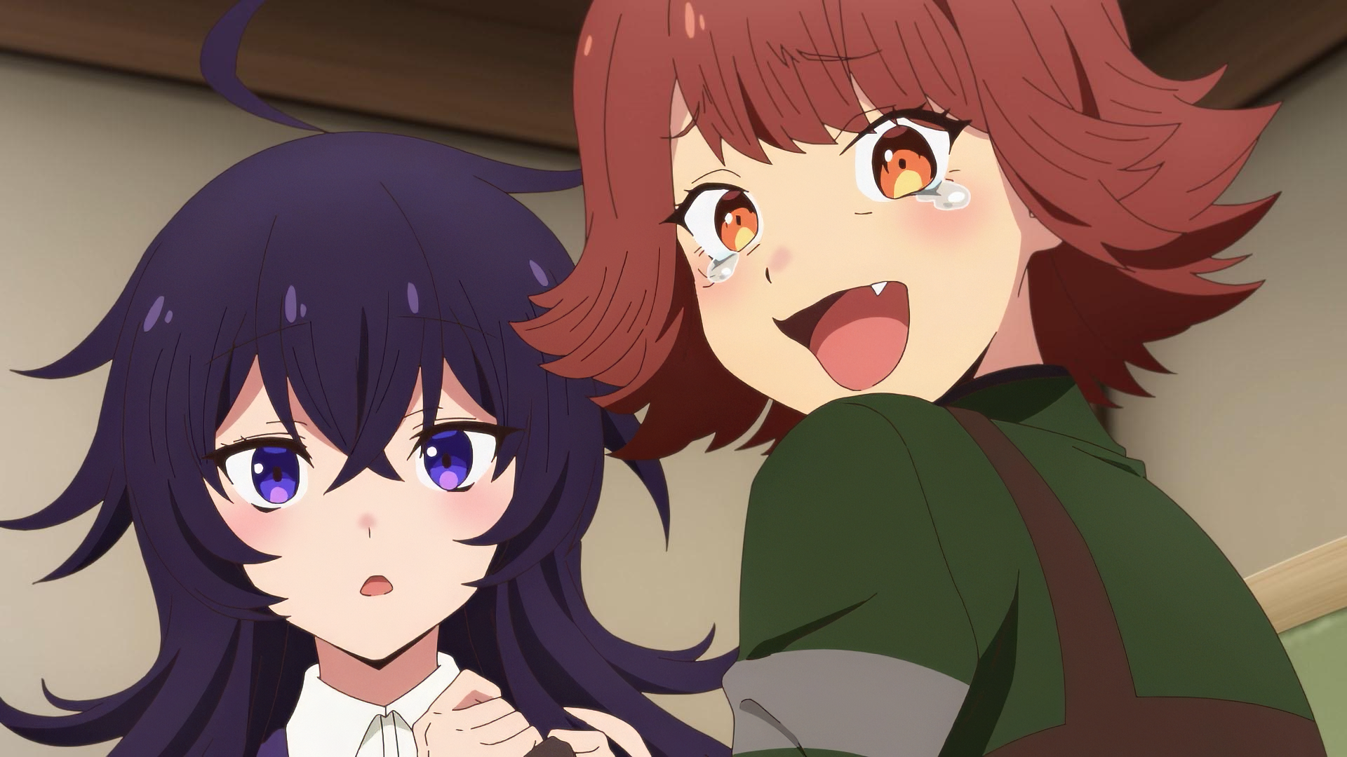 HD desktop wallpaper featuring characters from the anime Chillin' in Another World with Level 2 Super Cheat Powers. One character looks surprised while the other is joyfully crying.