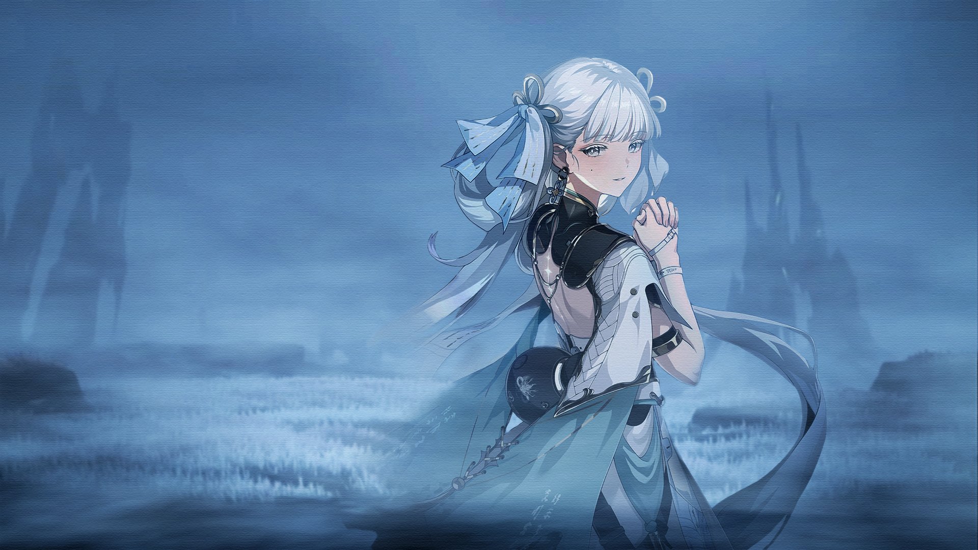 HD PC wallpaper featuring Jinhsi from Wuthering Waves, a girl with silver hair and a detailed outfit set against a misty, blue-toned landscape background.