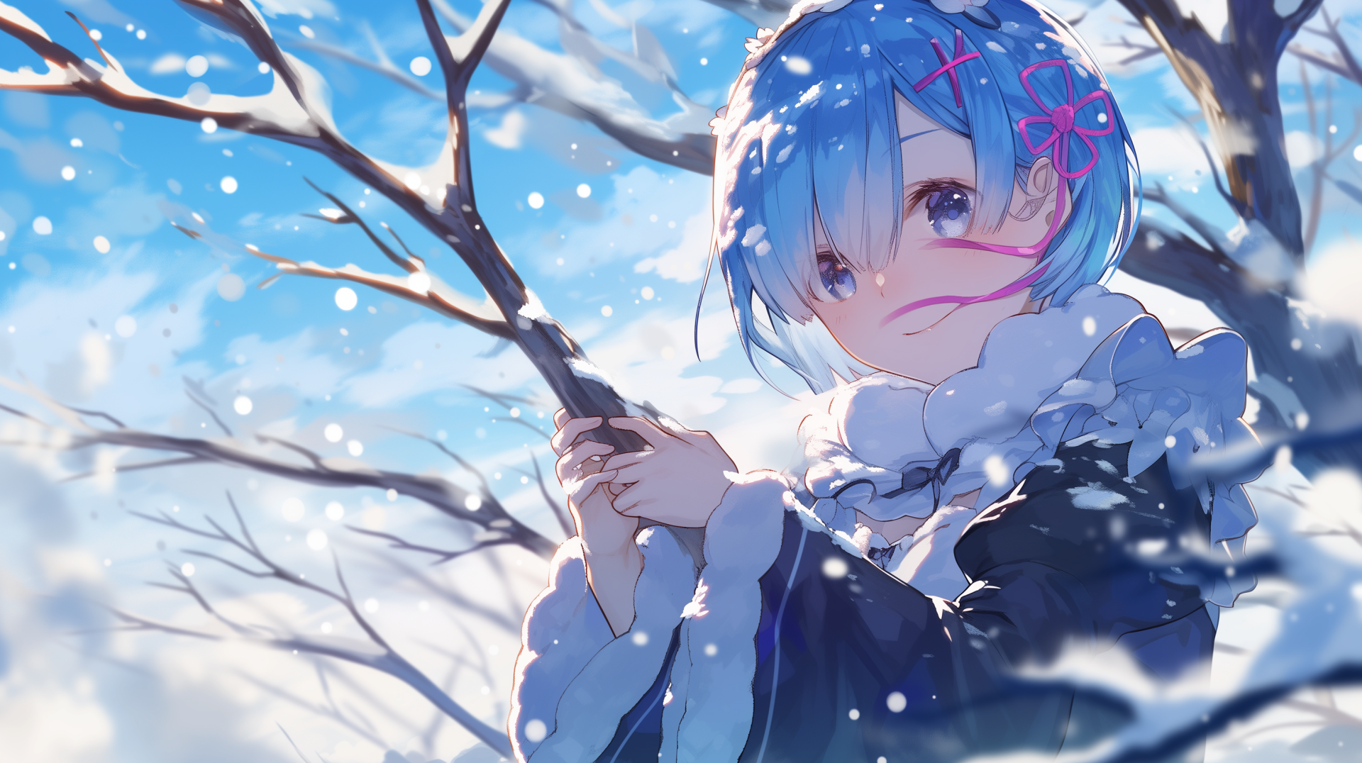 HD desktop wallpaper featuring Rem from Re:Zero - Starting Life in Another World, holding a branch in a snowy landscape with a serene expression. The vibrant blue hues create a calming winter scene.