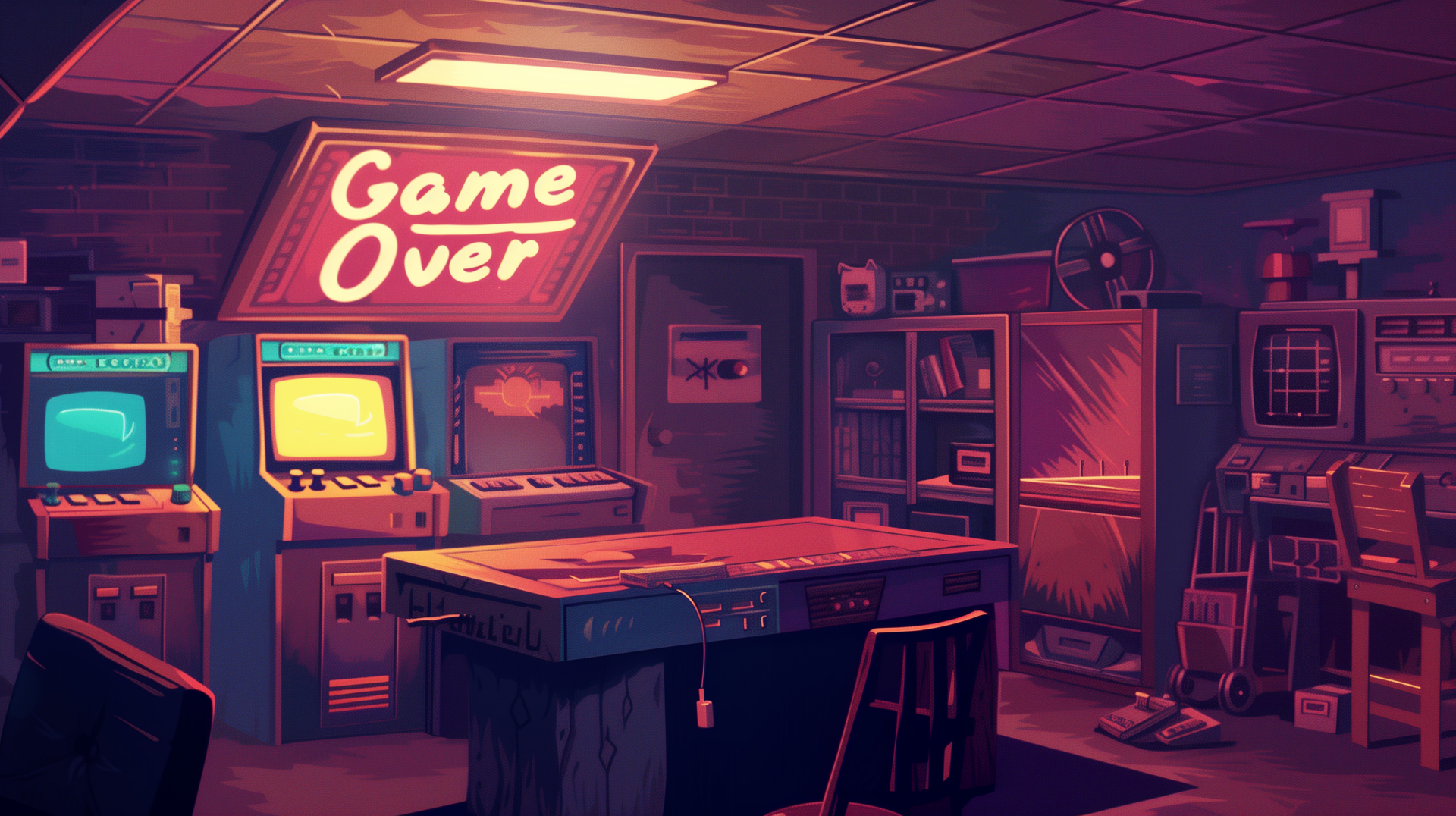 An HD desktop wallpaper featuring a dimly lit arcade room with vintage video game machines displaying a Game Over screen, capturing the nostalgic vibe of a classic gaming environment.