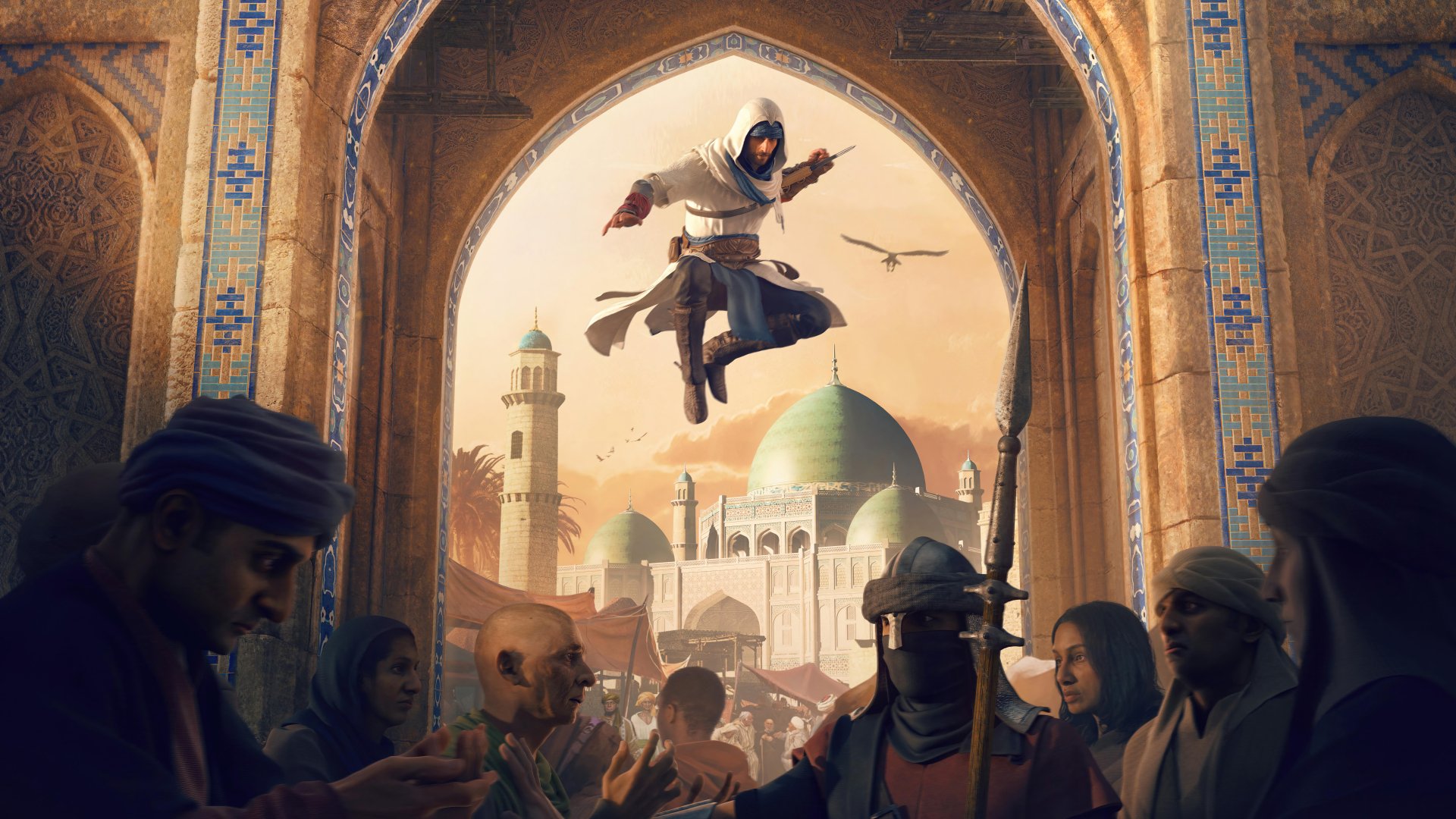 A stunning HD desktop wallpaper from Assassin's Creed Mirage, featuring an assassin leaping through an archway amid historical architecture and townspeople, capturing the essence of the video game's immersive experience.