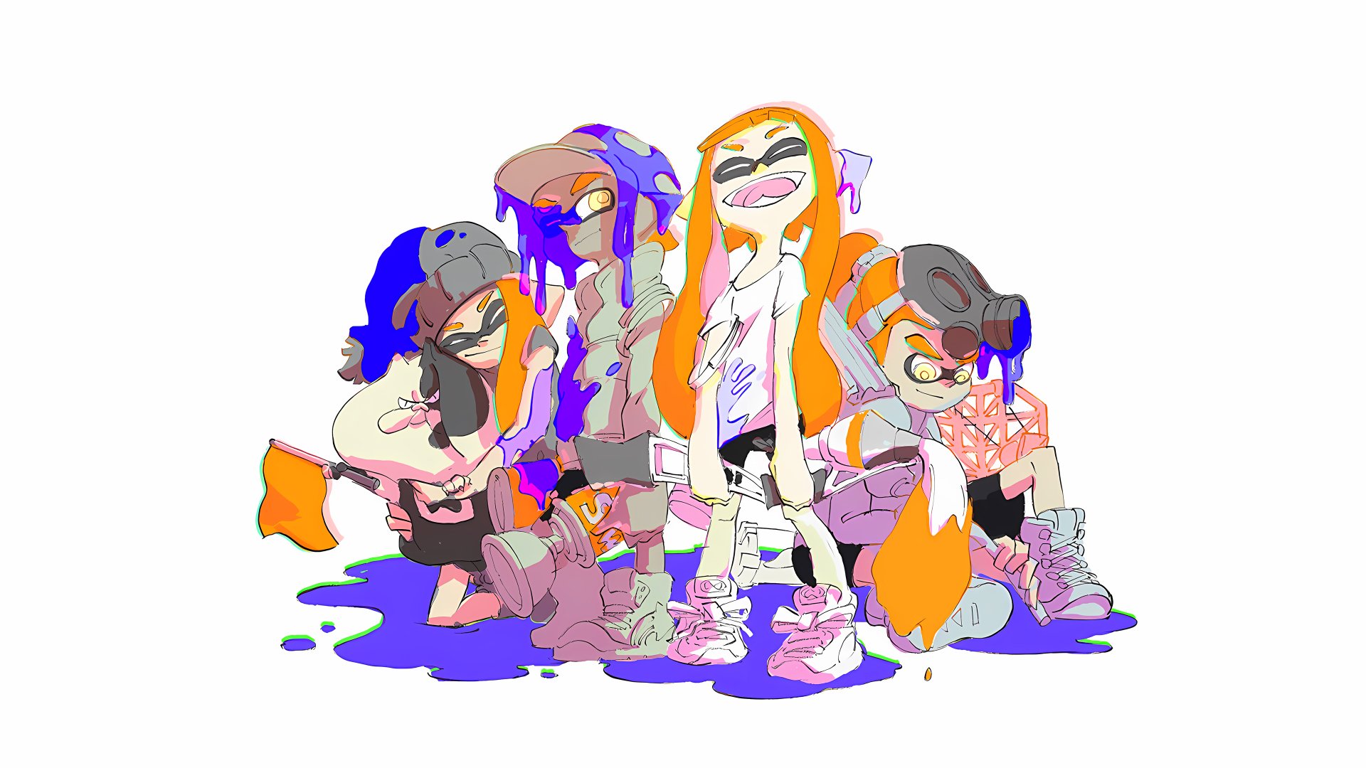 4K Ultra HD Splatoon artwork featuring four vibrant Inklings covered in colorful ink, set against a clean white background for PC desktop wallpaper.