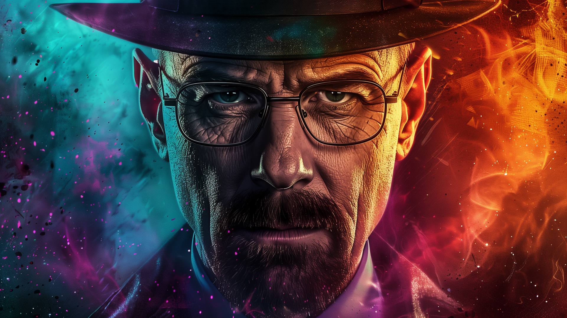 HD desktop wallpaper featuring Bryan Cranston as Walter White from the TV show Breaking Bad, with intense, colorful background effects framing his serious expression.