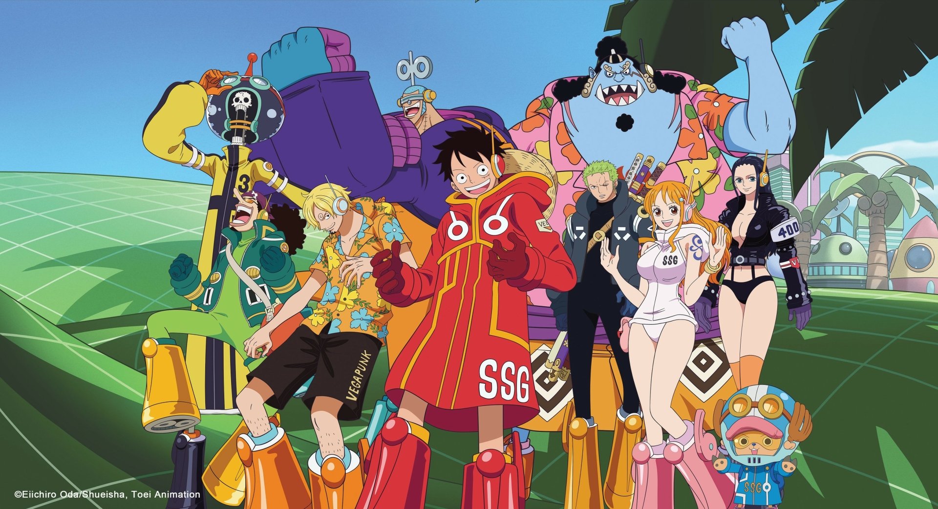 Vibrant 4K Ultra HD One Piece anime wallpaper featuring the Straw Hat Pirates in dynamic poses on a bright green and blue background.