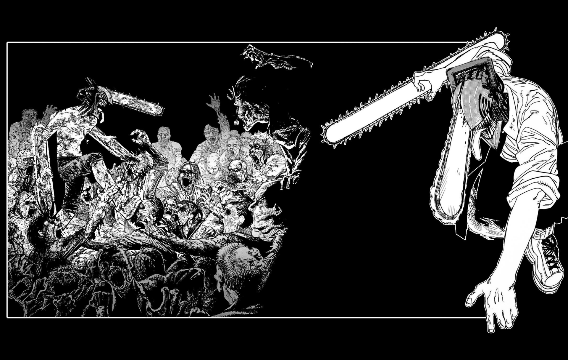 Black and white HD desktop wallpaper featuring Chainsaw Man wielding a chainsaw, surrounded by menacing demons in a dynamic, intense scene.