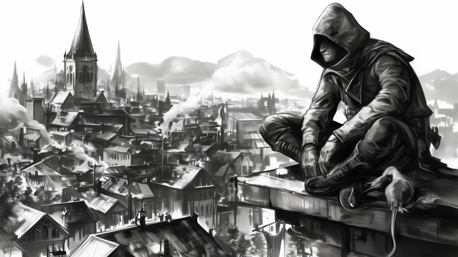Artistic black and white HD wallpaper depicting a hooded thief sitting on a ledge overlooking a detailed, sprawling cityscape.