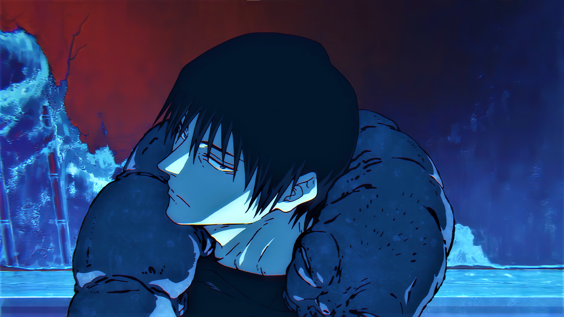 HD desktop wallpaper featuring Toji Fushiguro from the anime Jujutsu Kaisen, with a dramatic background in shades of red and blue.