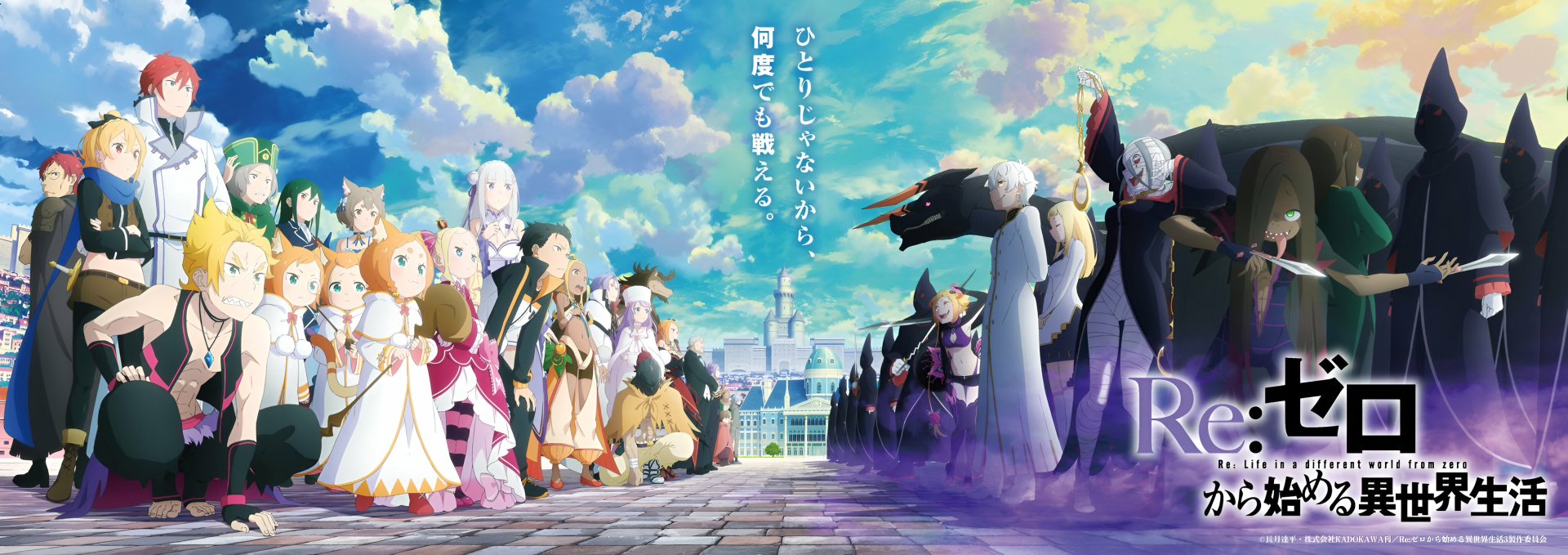 HD PC desktop wallpaper featuring a vibrant scene from the anime Re:Zero − Starting Life in Another World, with characters gathered on a cobblestone path under a bright sky.
