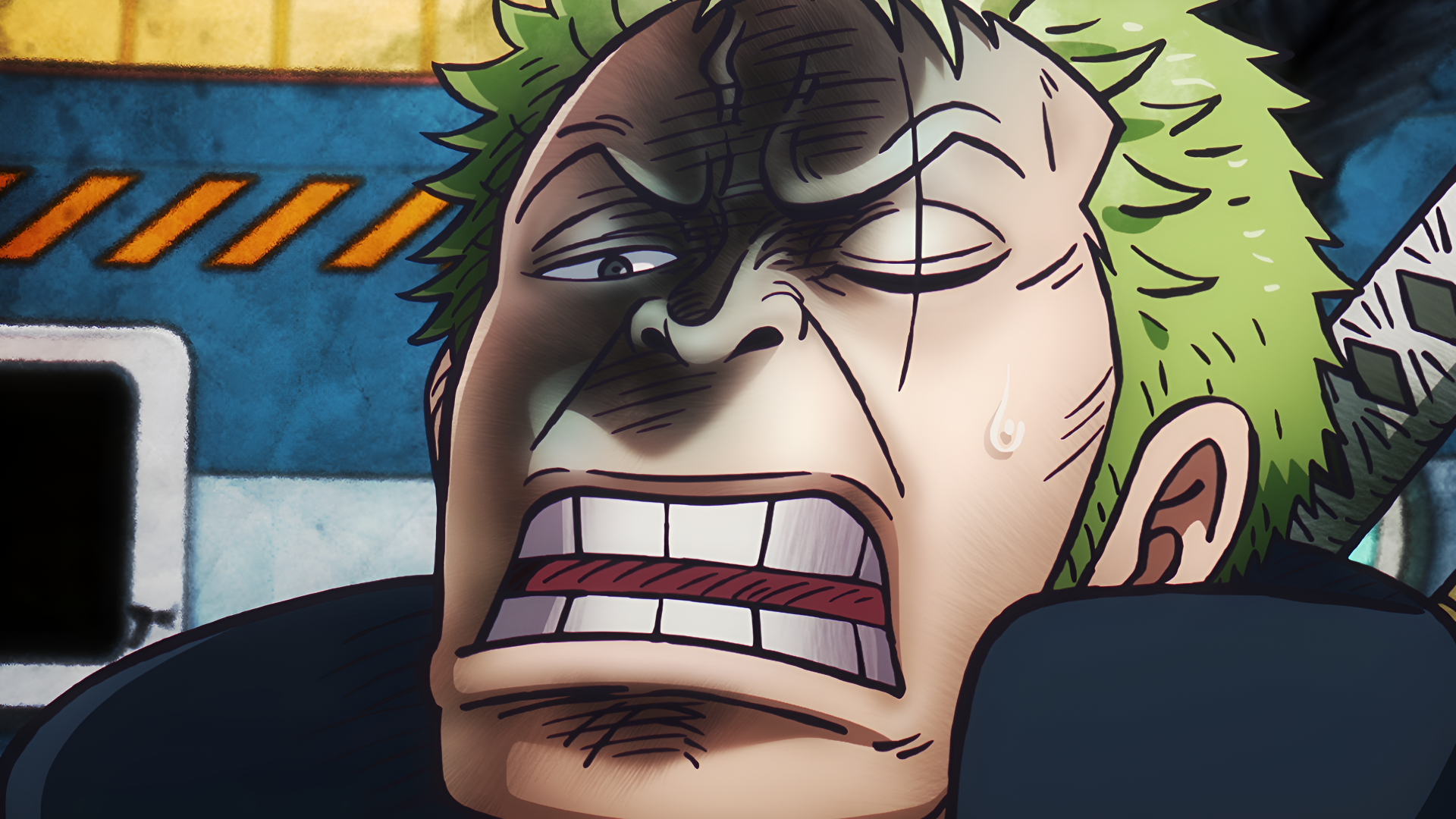 Close-up of Roronoa Zoro from One Piece with a tense expression, rendered in vibrant anime style for a 4K Ultra HD PC desktop wallpaper.