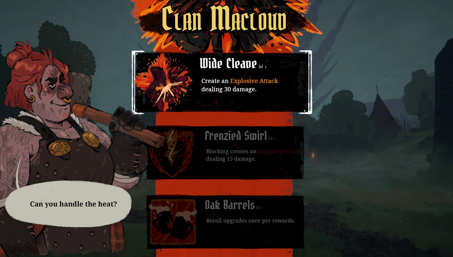 HD desktop wallpaper featuring a screenshot from the video game Tears of Metal showcasing the Clan Macloud menu with attack options and a character asking, Can you handle the heat?