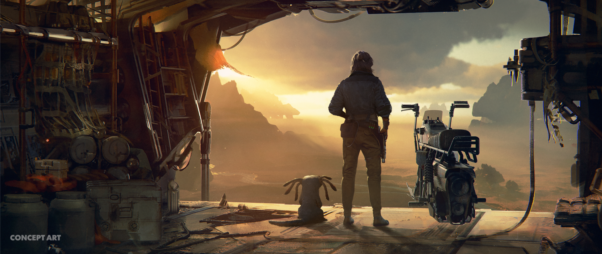 HD desktop wallpaper featuring Kay Vess from Star Wars Outlaws, standing on a platform at sunset, overlooking a dramatic, rocky landscape with a futuristic bike beside her.