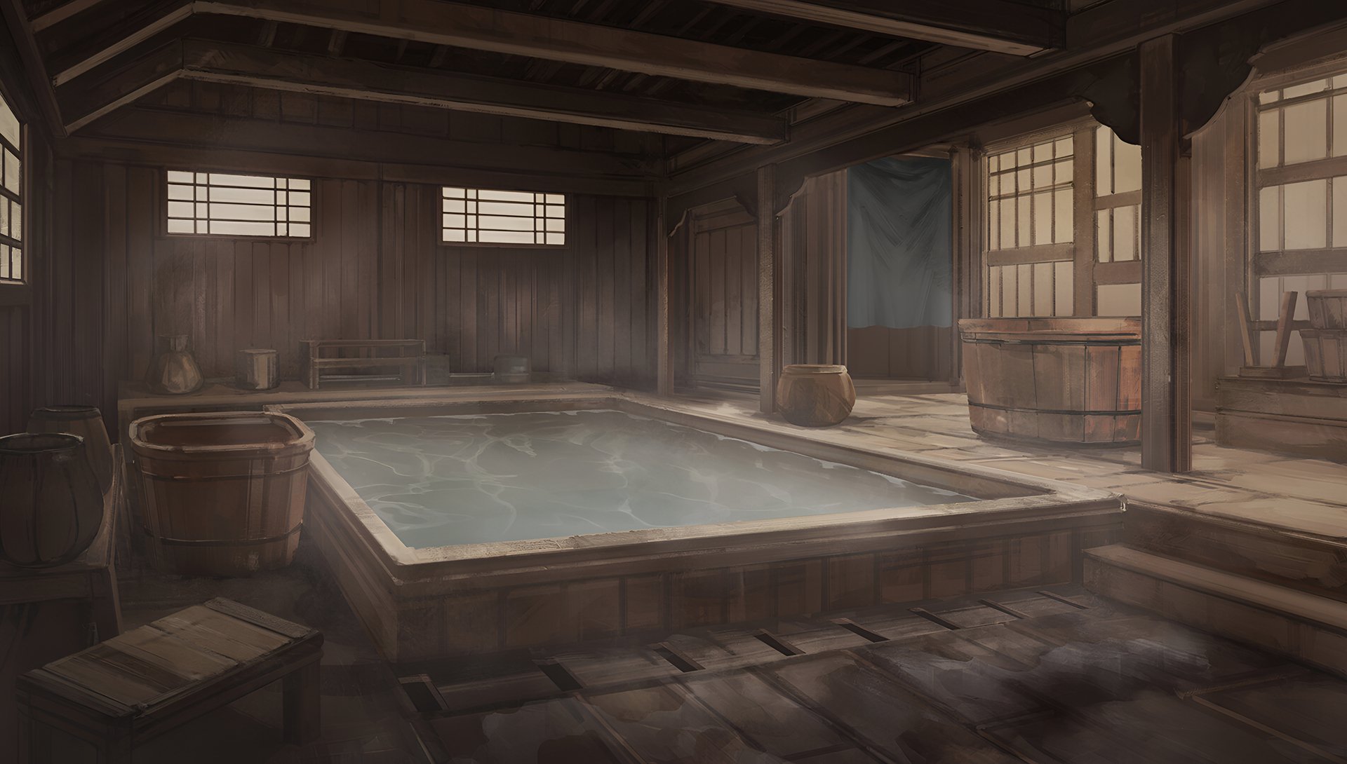 HD desktop wallpaper featuring a serene indoor bathhouse scene from the video game The Hungry Lamb: Traveling in the Late Ming Dynasty. The setting is detailed with wooden interiors and soft lighting.