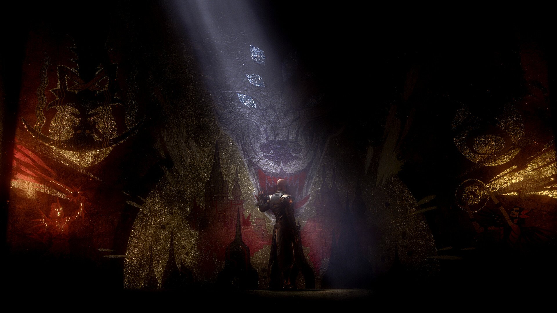 A HD desktop wallpaper of Dragon Age: The Veilguard showing a dramatic, dark scene with a character illuminated by a beam of light amidst ominous, intricate backgrounds.