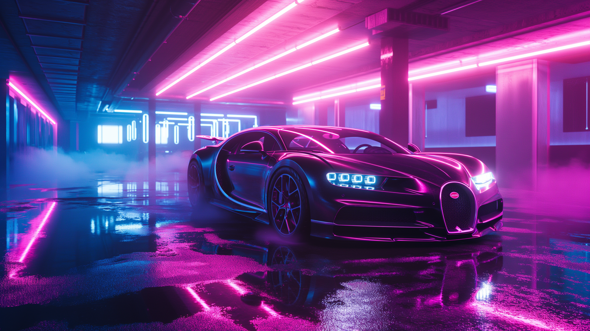 HD desktop wallpaper featuring a neon-lit Bugatti Chiron in a futuristic garage with vibrant pink and blue lighting reflecting on the wet floor.