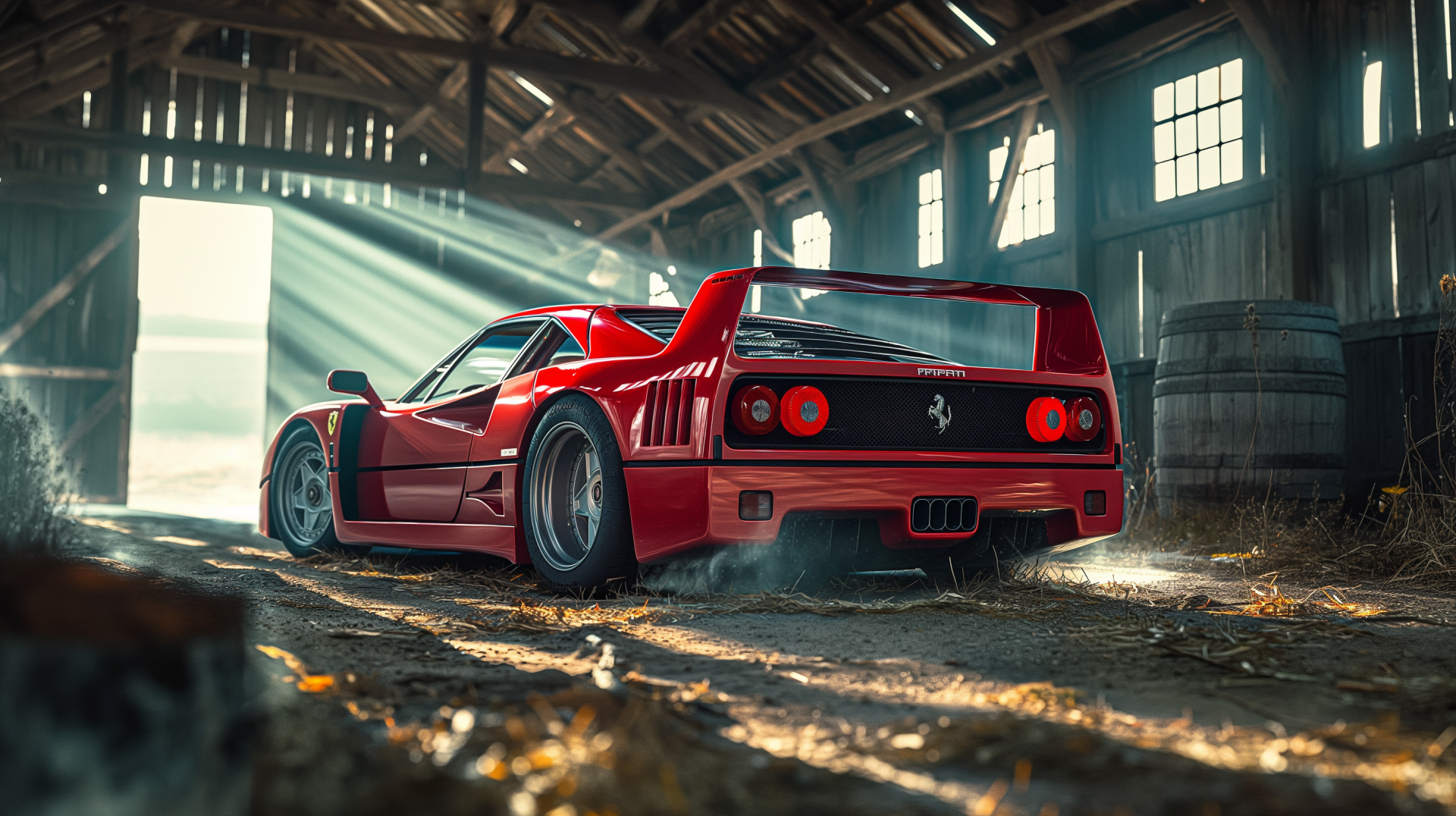 A red Ferrari F40 parked inside a rustic barn with sunlight streaming through the windows, captured in HD for a striking PC desktop wallpaper.