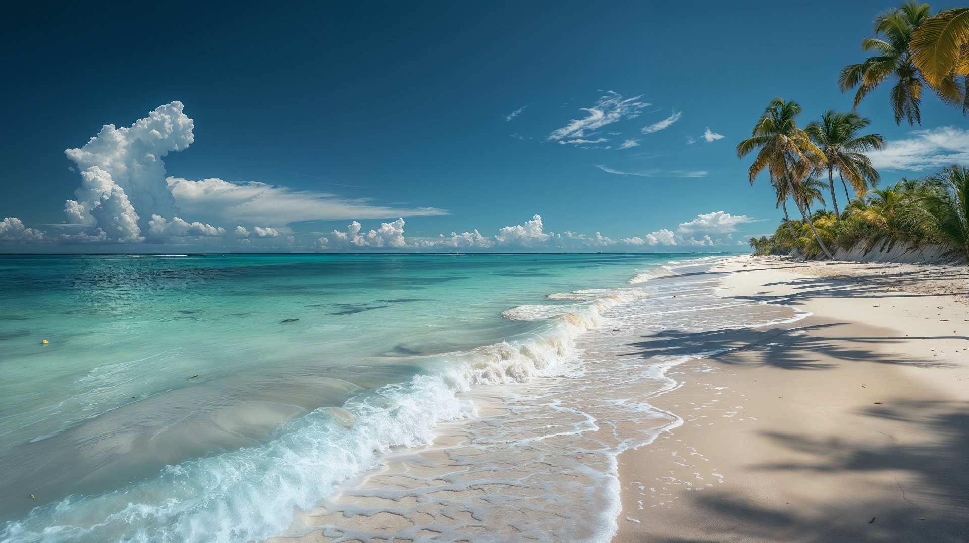 HD PC desktop wallpaper of a serene beach with clear turquoise sea, white sand, and palm trees under a bright blue sky with scattered clouds.