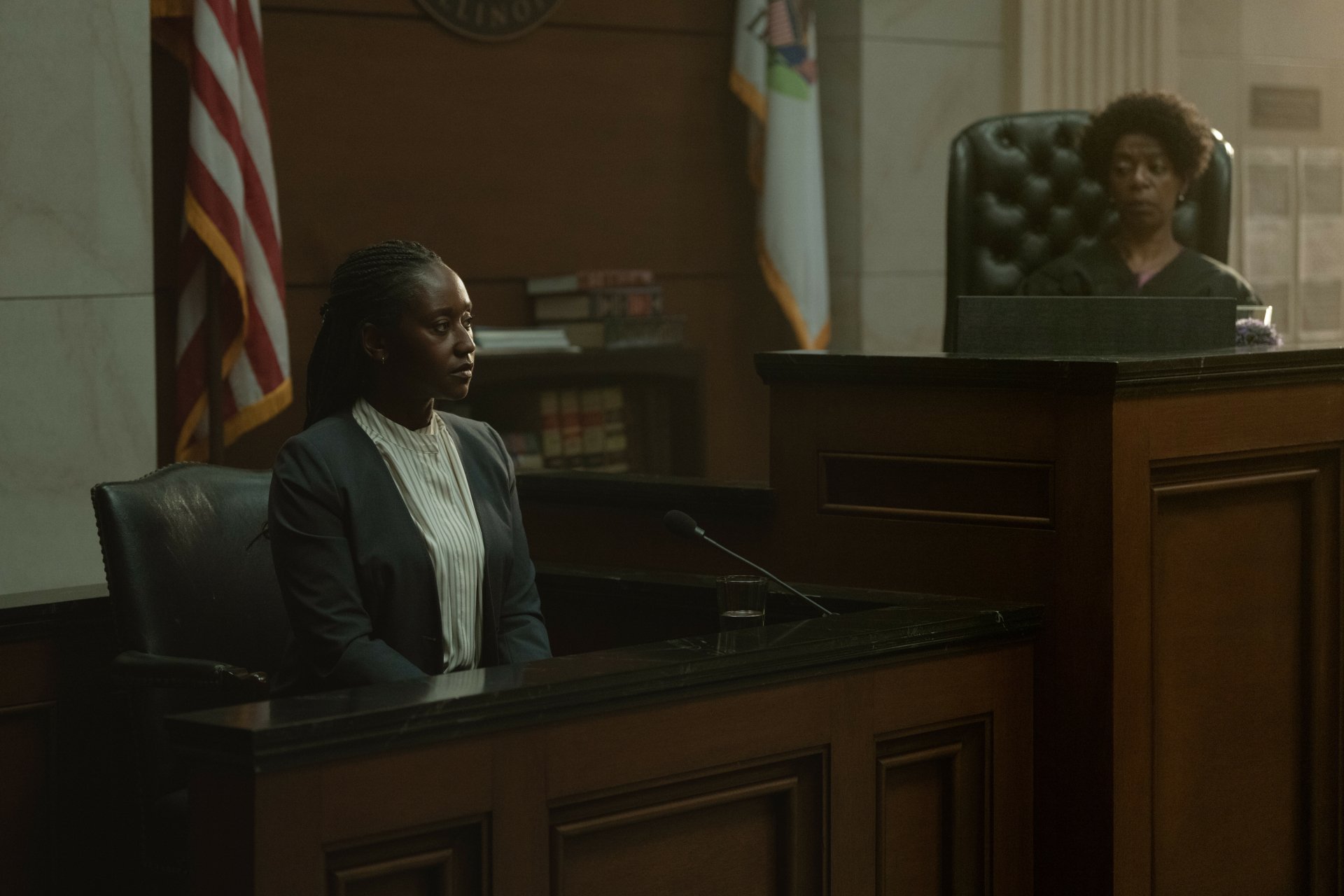 A courtroom scene from the TV show Presumed Innocent (2024), featuring a witness on the stand and a judge overseeing the proceedings, set against a backdrop of legal decor.