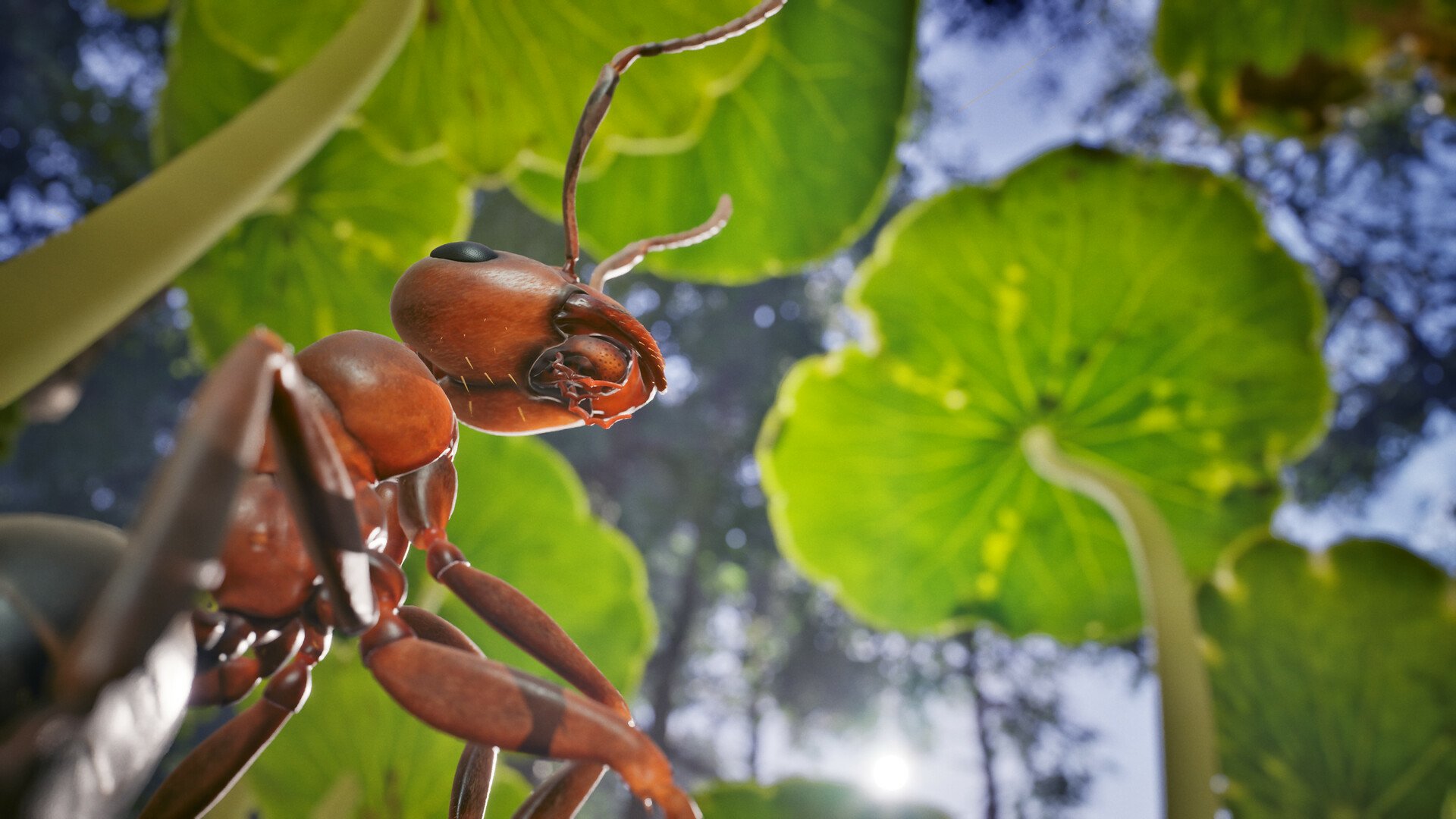 HD desktop wallpaper featuring a close-up view of an ant in Empire of the Ants video game, set against a lush background of green leaves.