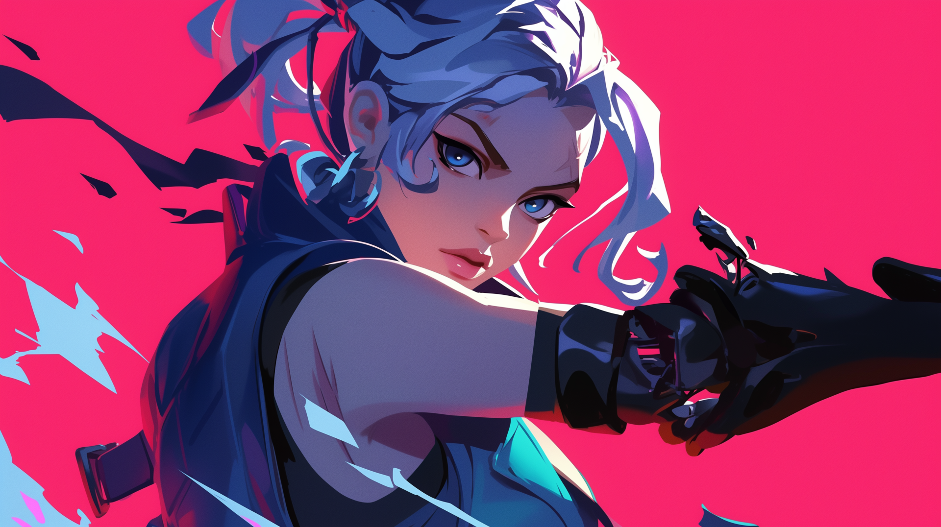 HD desktop wallpaper featuring Jett from the video game Valorant against a vibrant pink background.